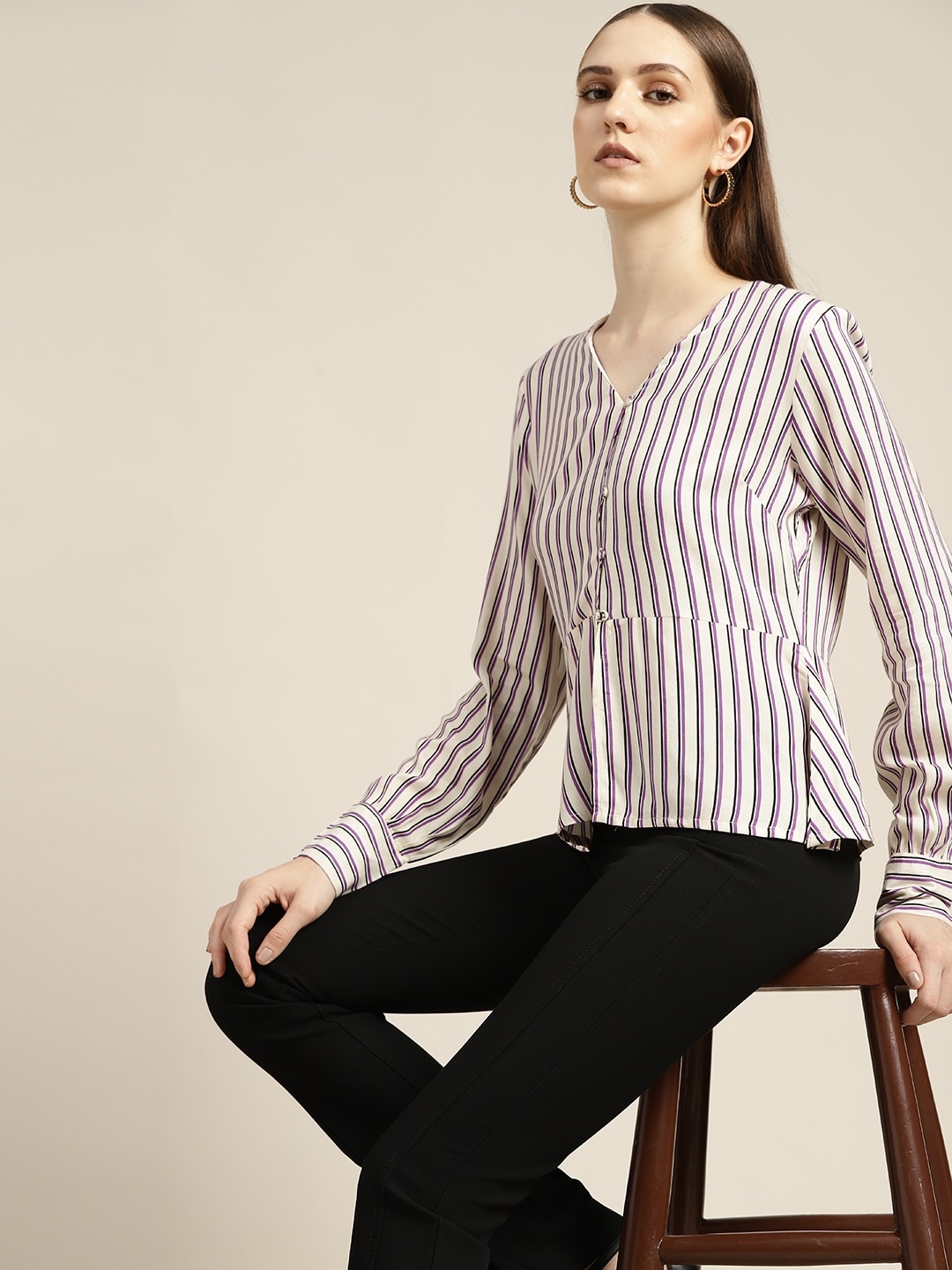 

her by invictus White & Purple Striped Shirt Style Top