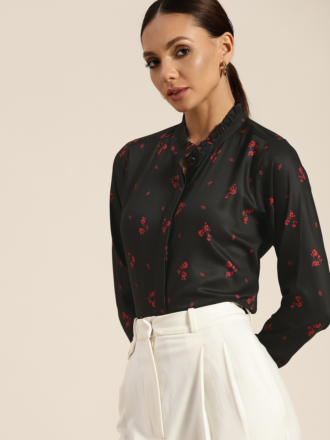 

her by invictus Women Black & Red Floral Striped Casual Shirt