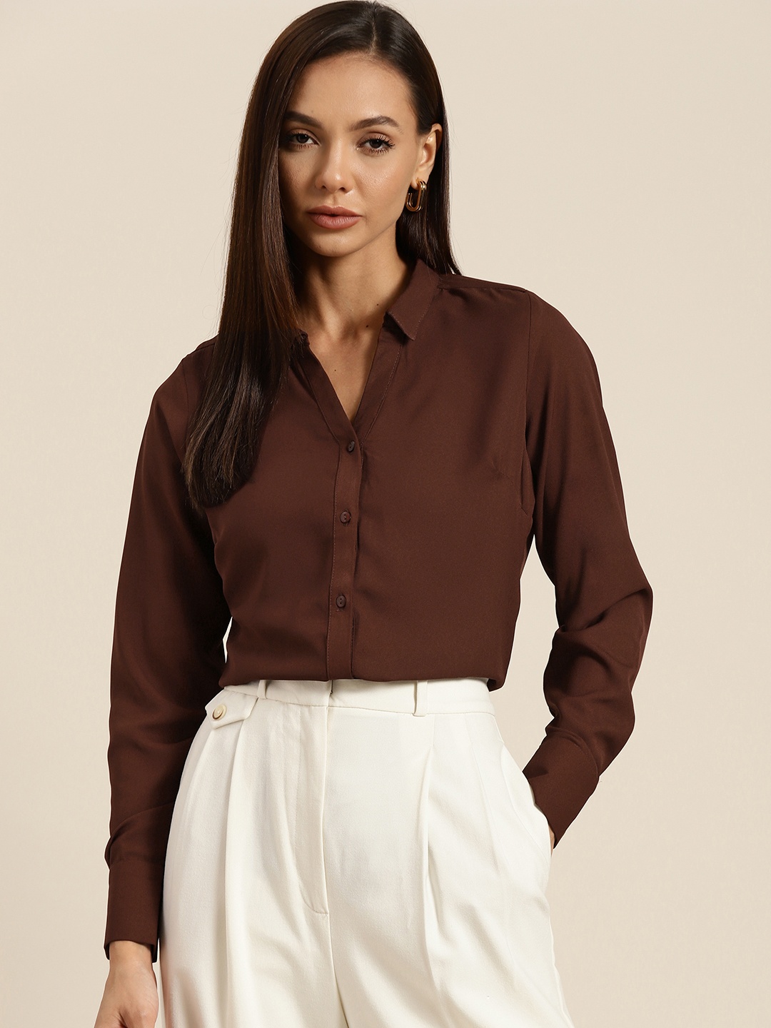 

her by invictus Women Coffee Brown Solid Casual Shirt