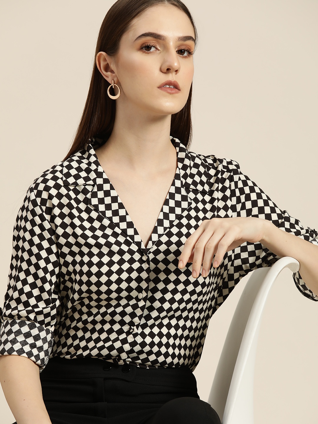 

her by invictus Women Black & Off White Checked Casual Shirt