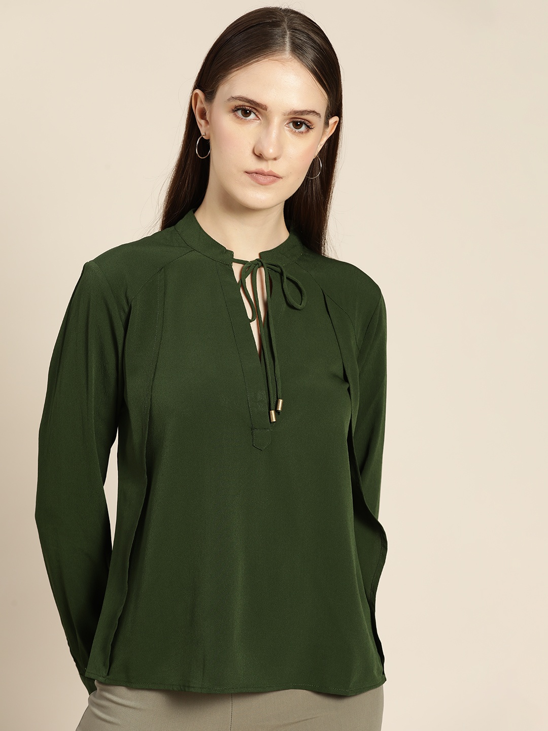 

her by invictus Olive Green Solid Tie-Up Neck Top