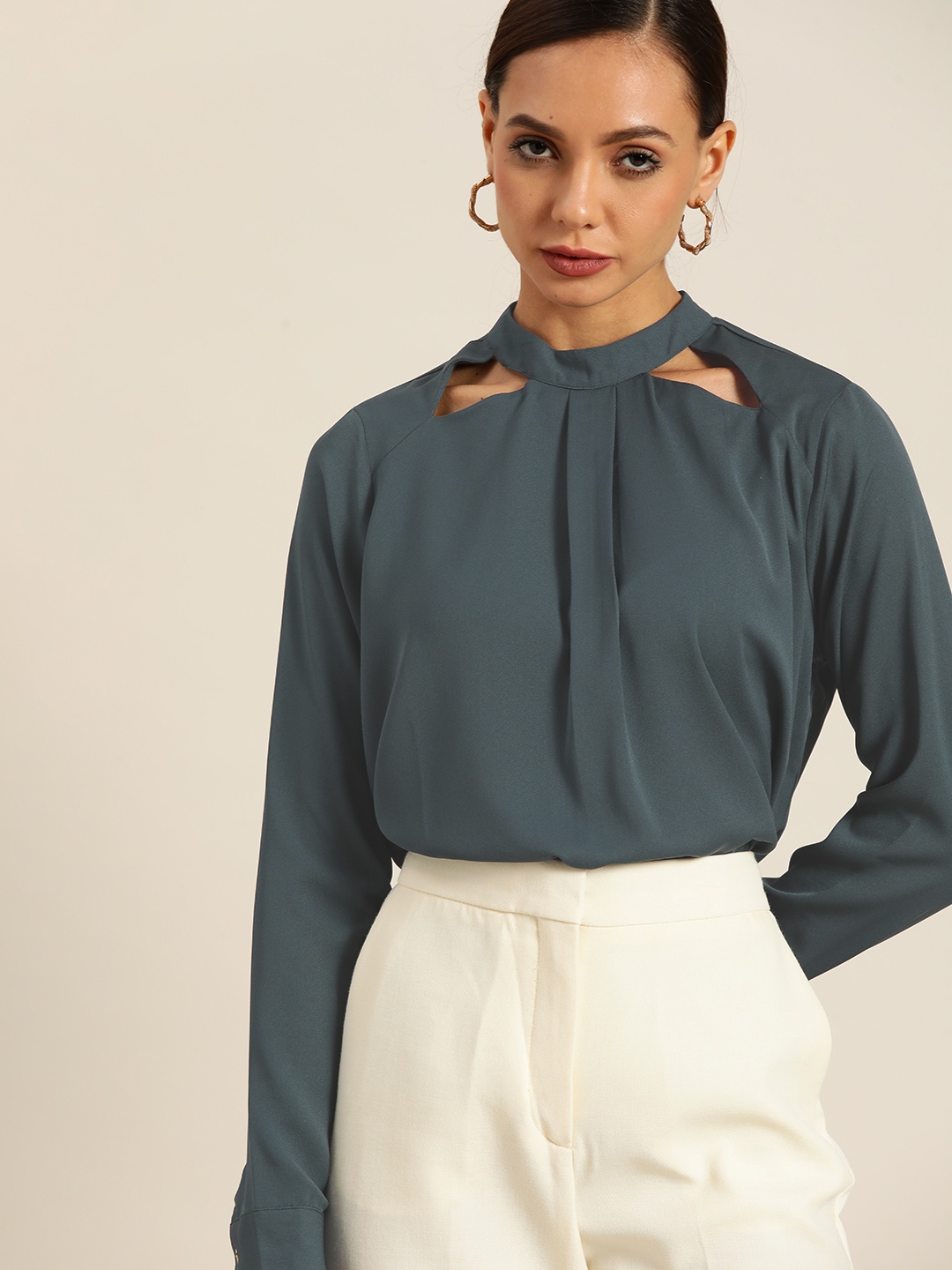 

her by invictus Women Navy Blue Mandarin Collar Top with Cut Out Detail