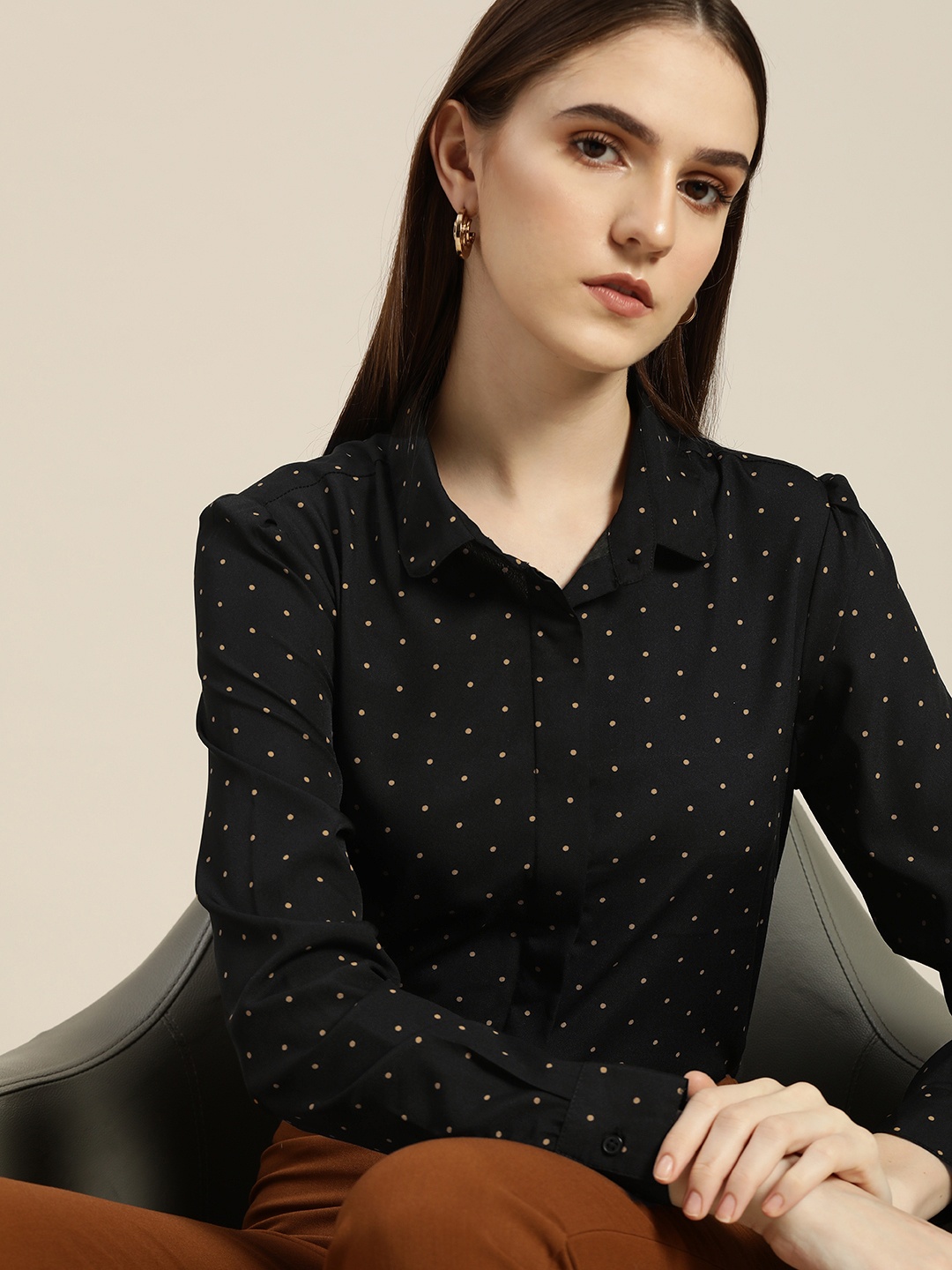 

her by invictus Women Black & Mustard Yellow Polka Dots Printed Shirt