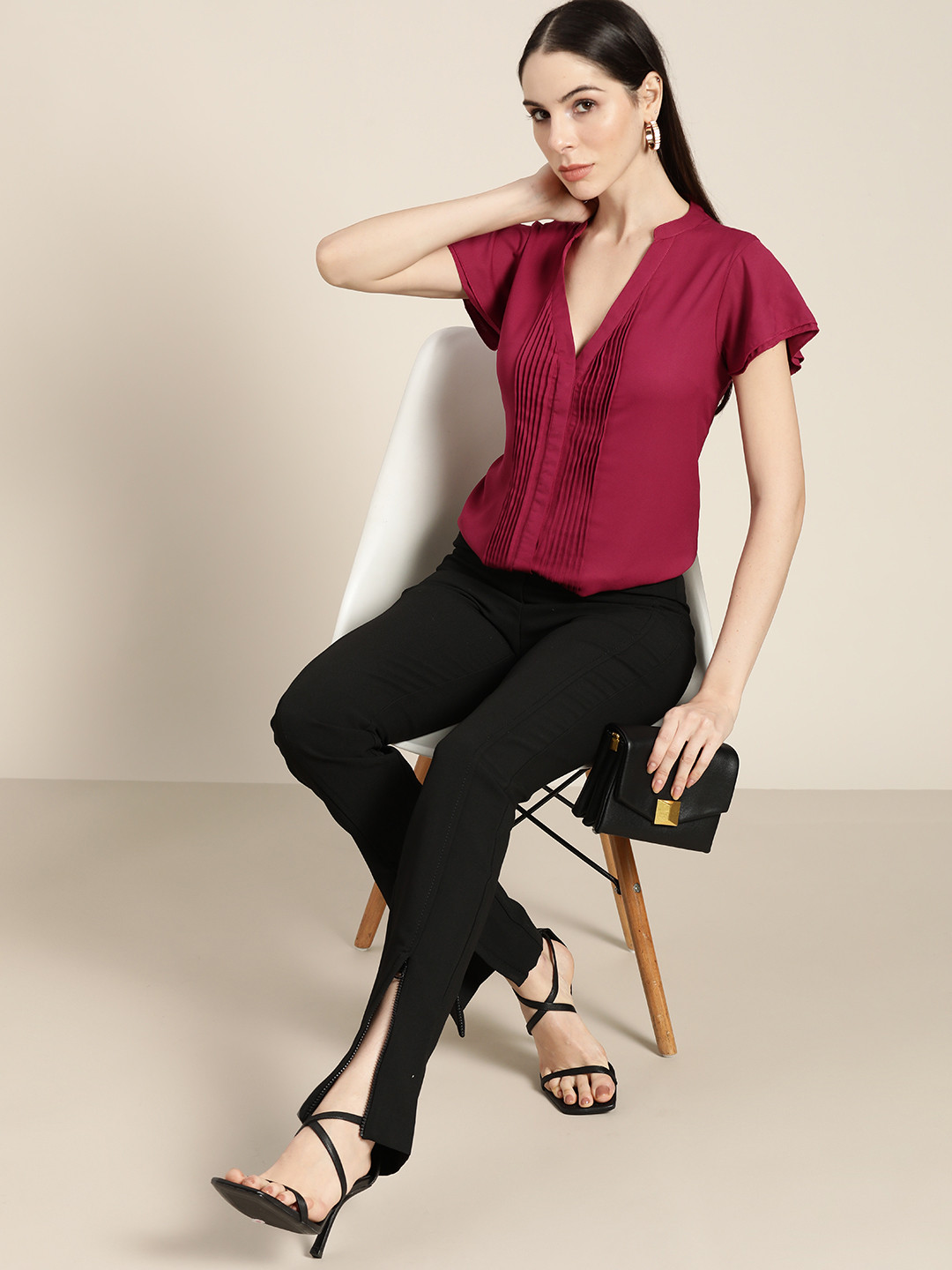 

her by invictus Burgundy Accordion Pleats Shirt Style Top