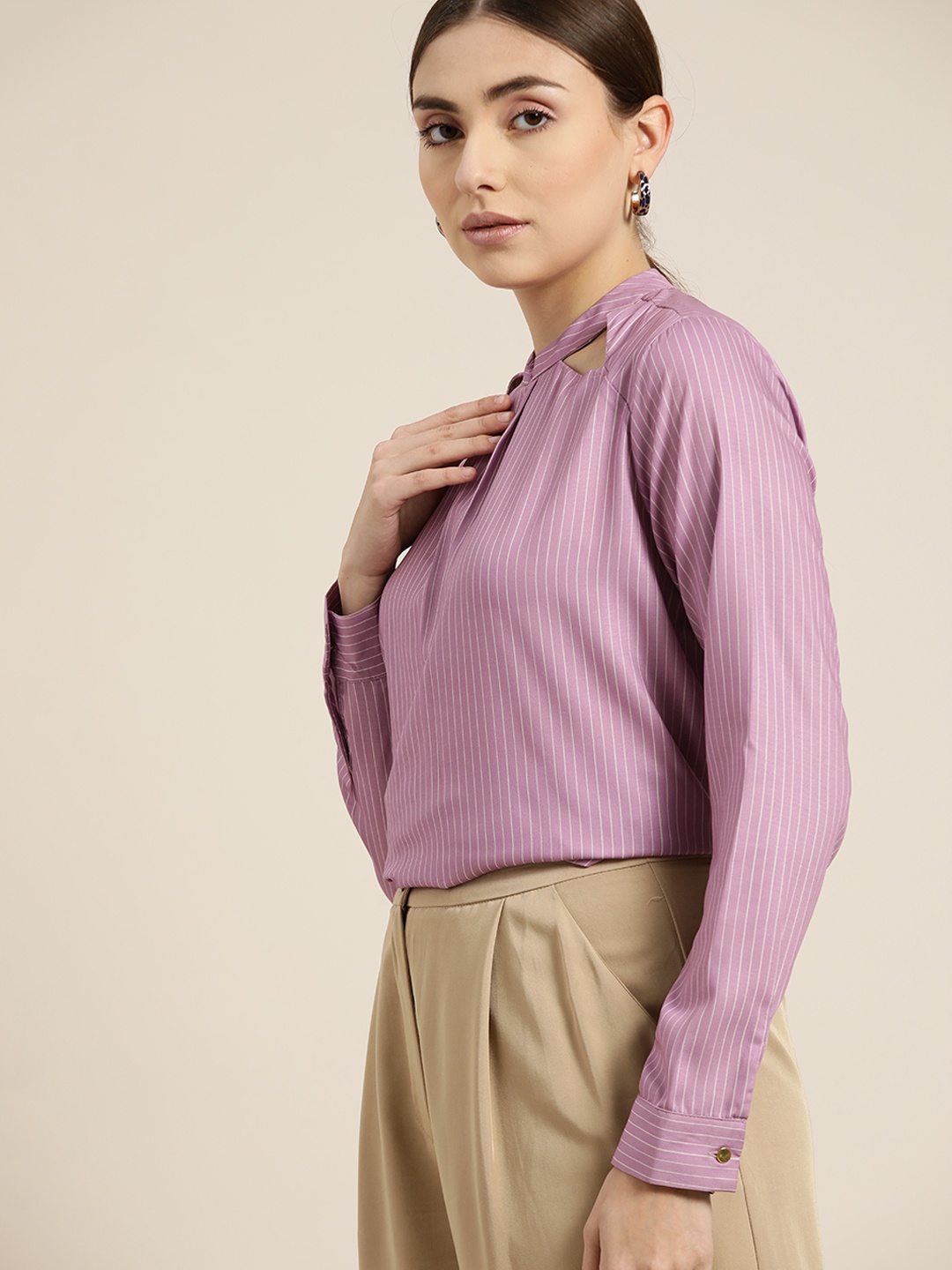 

her by invictus Mauve & White Striped Mandarin Collar Top