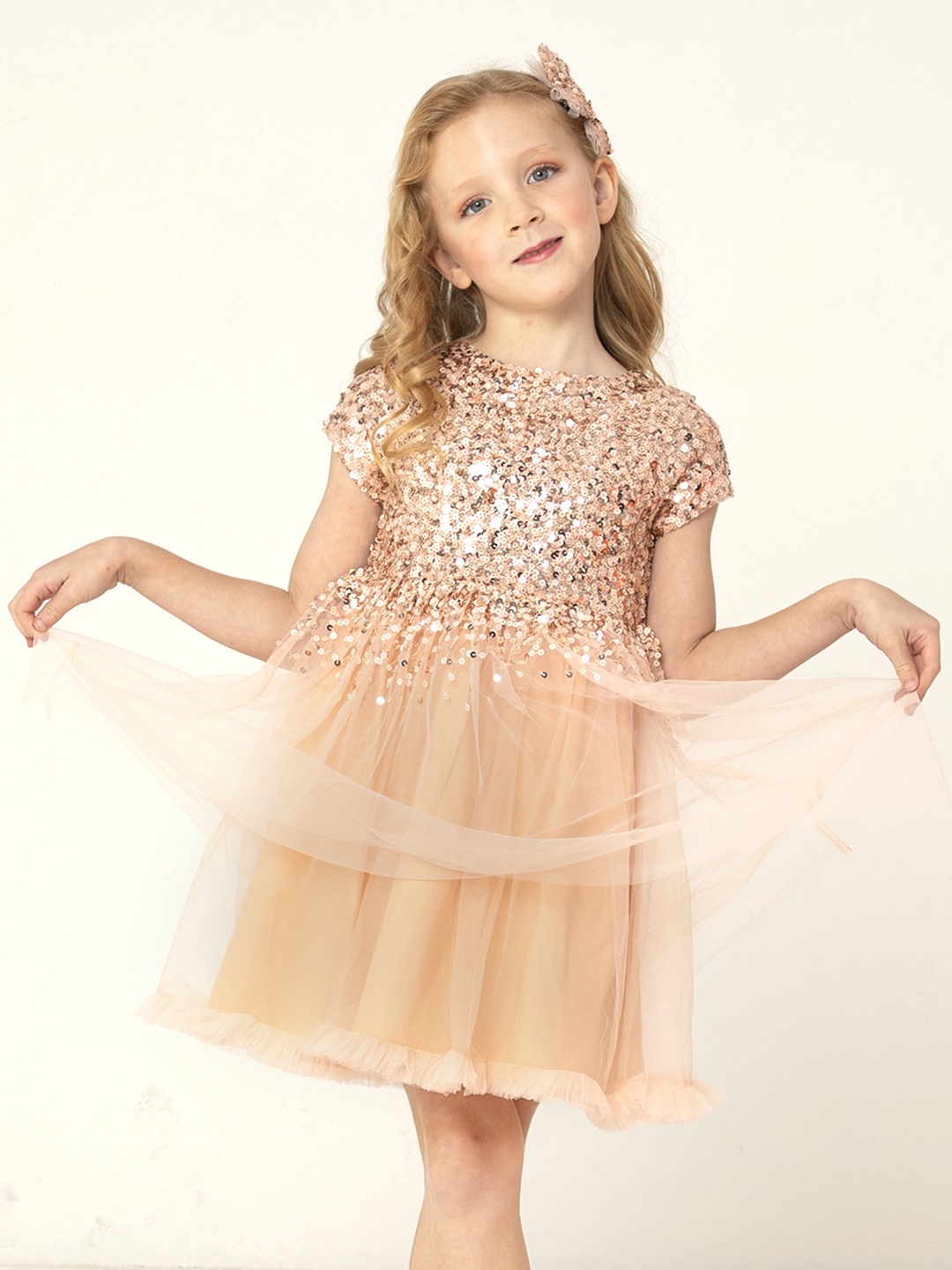 

Cherry Crumble Girls Peach Embellished Glitter Party Dress