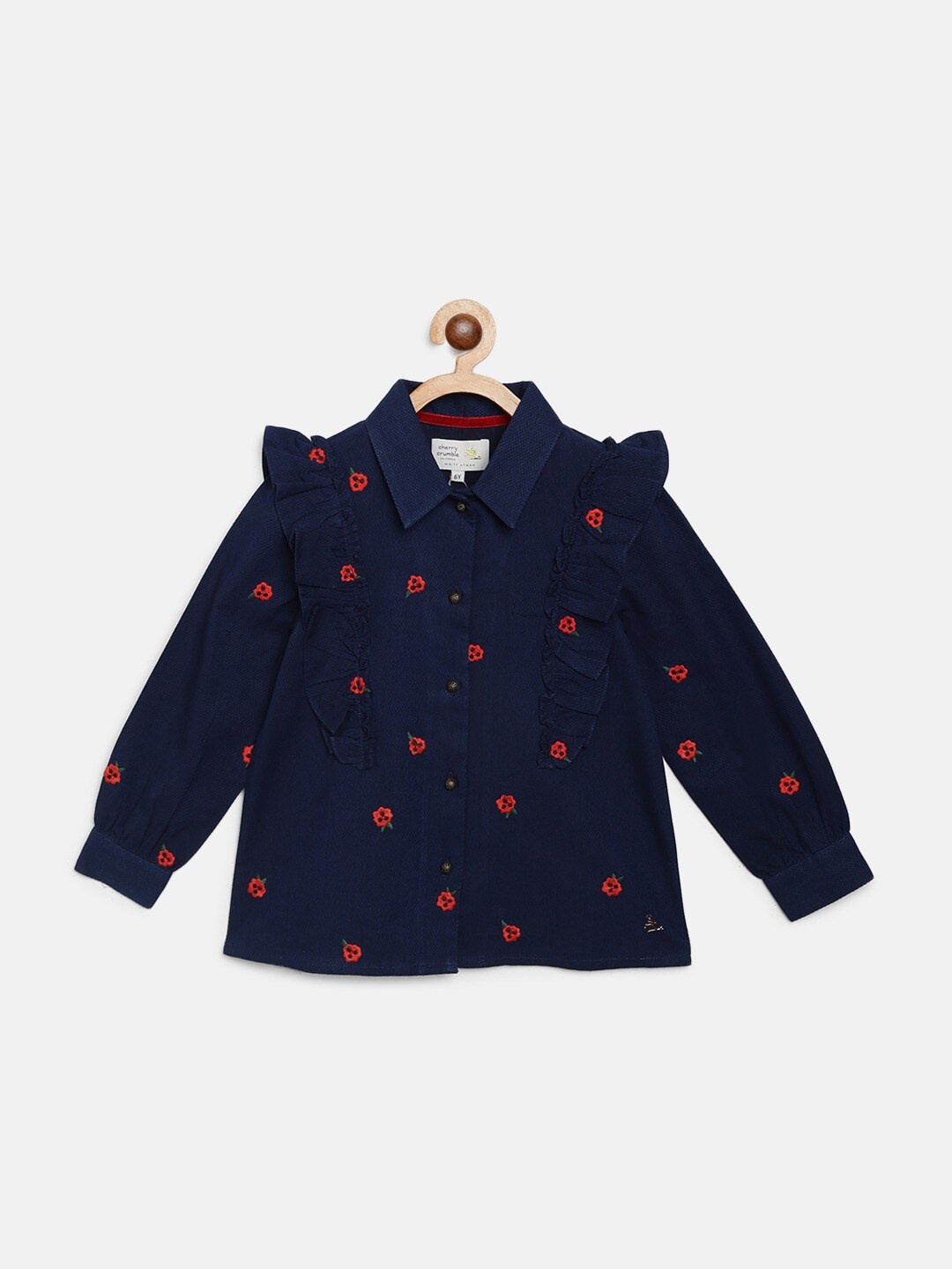 

Cherry Crumble Navy Blue Floral Embroidered Shirt Style Top