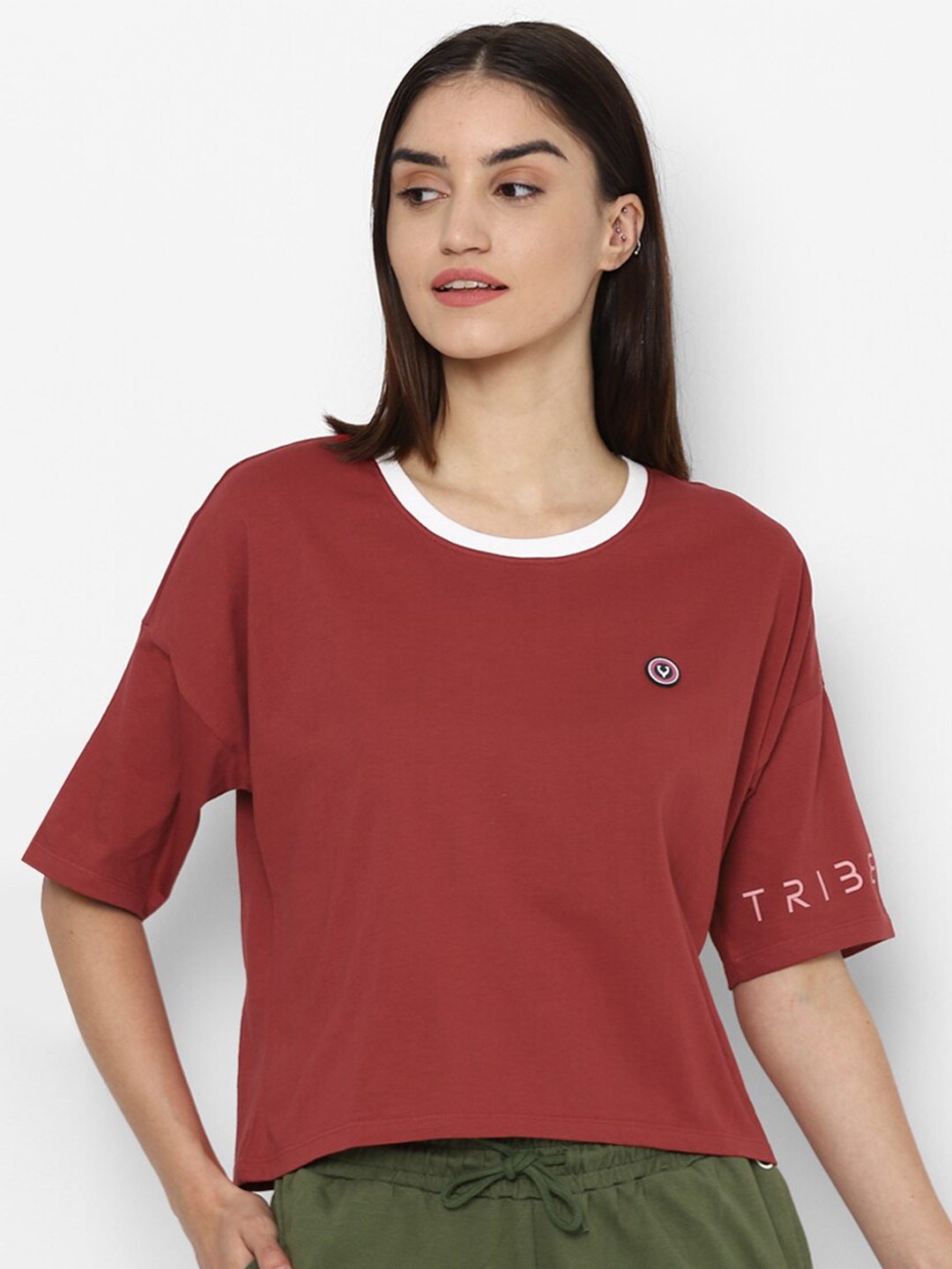 

Allen Solly Woman Maroon Drop-Shoulder Sleeves T-shirt