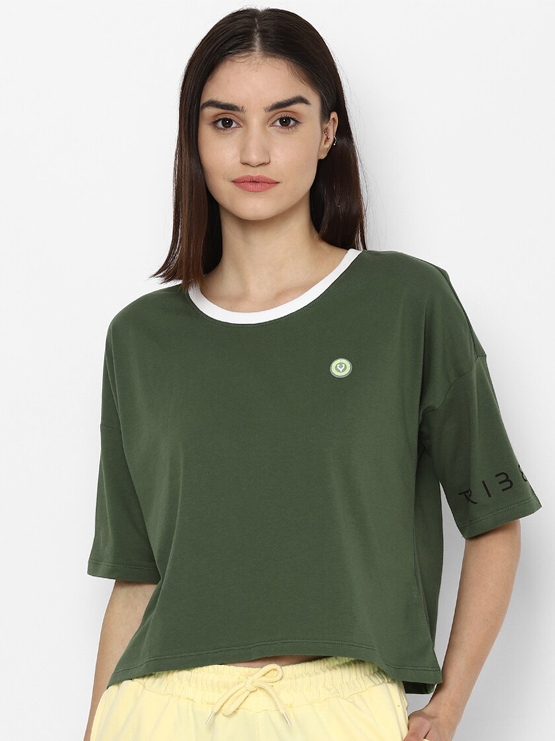 

Allen Solly Woman Women Olive Green Drop-Shoulder Sleeves Cut Outs T-shirt