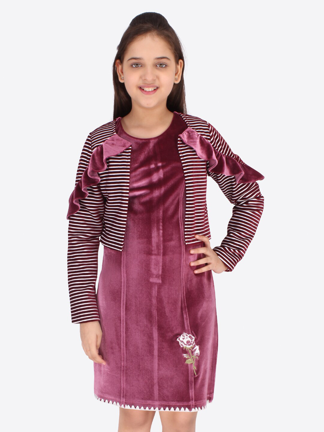 

CUTECUMBER Maroon Striped Velvet Dress Comes With Striped Short Shrug