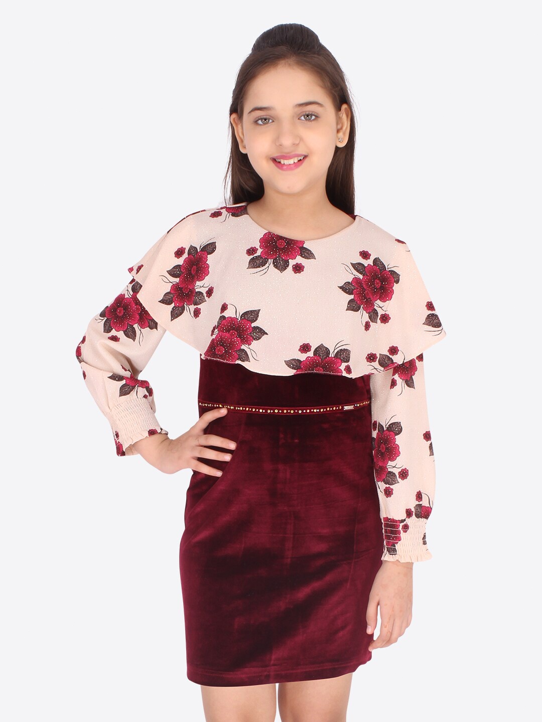 

CUTECUMBER Maroon Floral Chiffon Sheath Dress