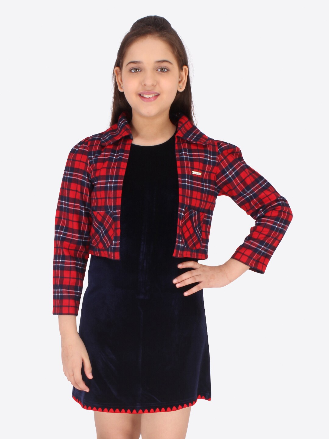 

CUTECUMBER Girls Navy Blue Solid A-Line Dress With Jacket