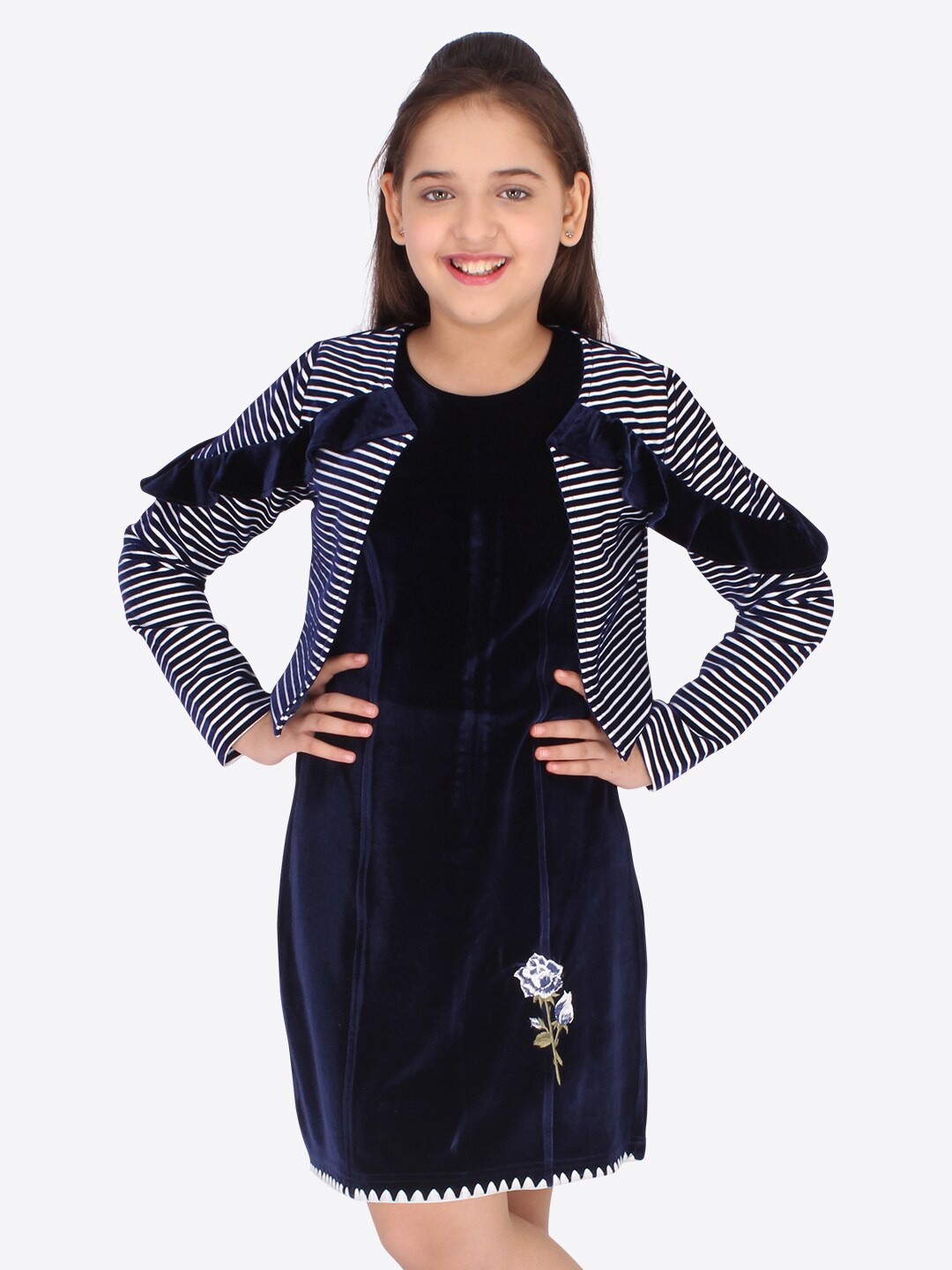 

CUTECUMBER Kids Girls Navy Blue Striped Velvet Dress