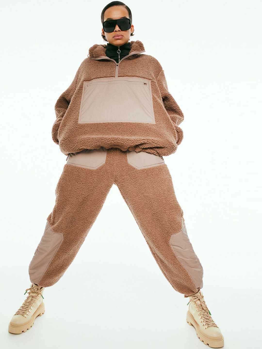 

H&M Women Brown & Beige Block-Coloured Faux Shearling Joggers