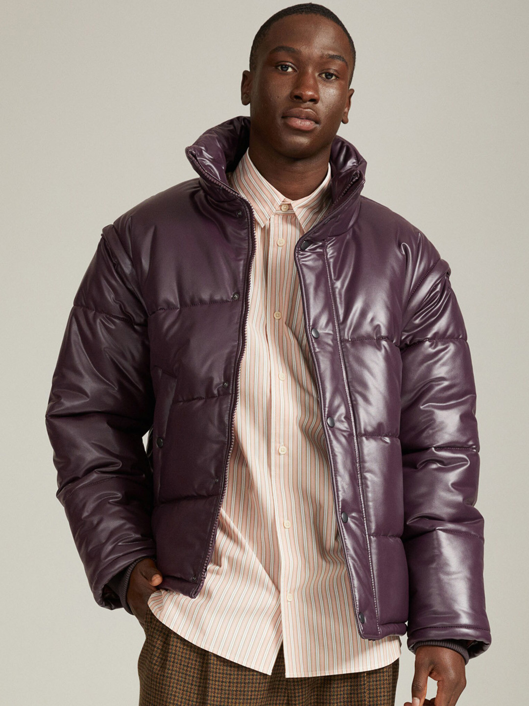 

H&M Men Quilted grape leather puffer jacket, Purple