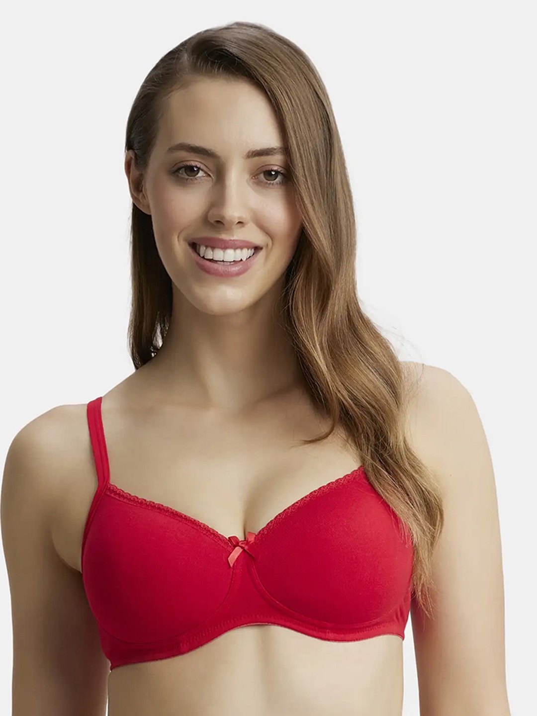 

Jockey Wirefree Padded Plus Size Cotton Medium Coverage Tshirt Bra with Lace Styling -1723, Red