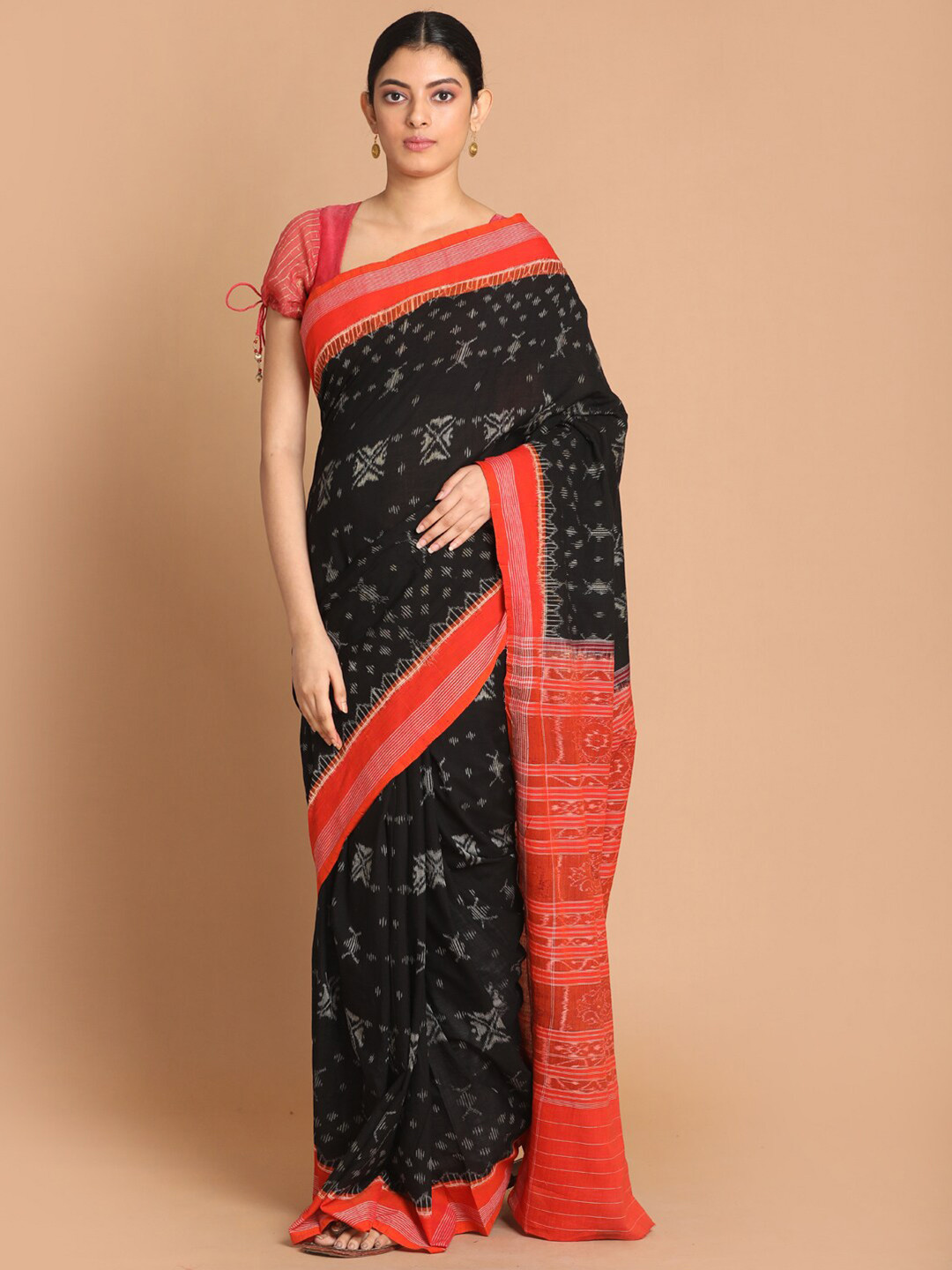 

Indethnic Black & Orange Ethnic Motifs Pure Cotton Sambalpuri Saree