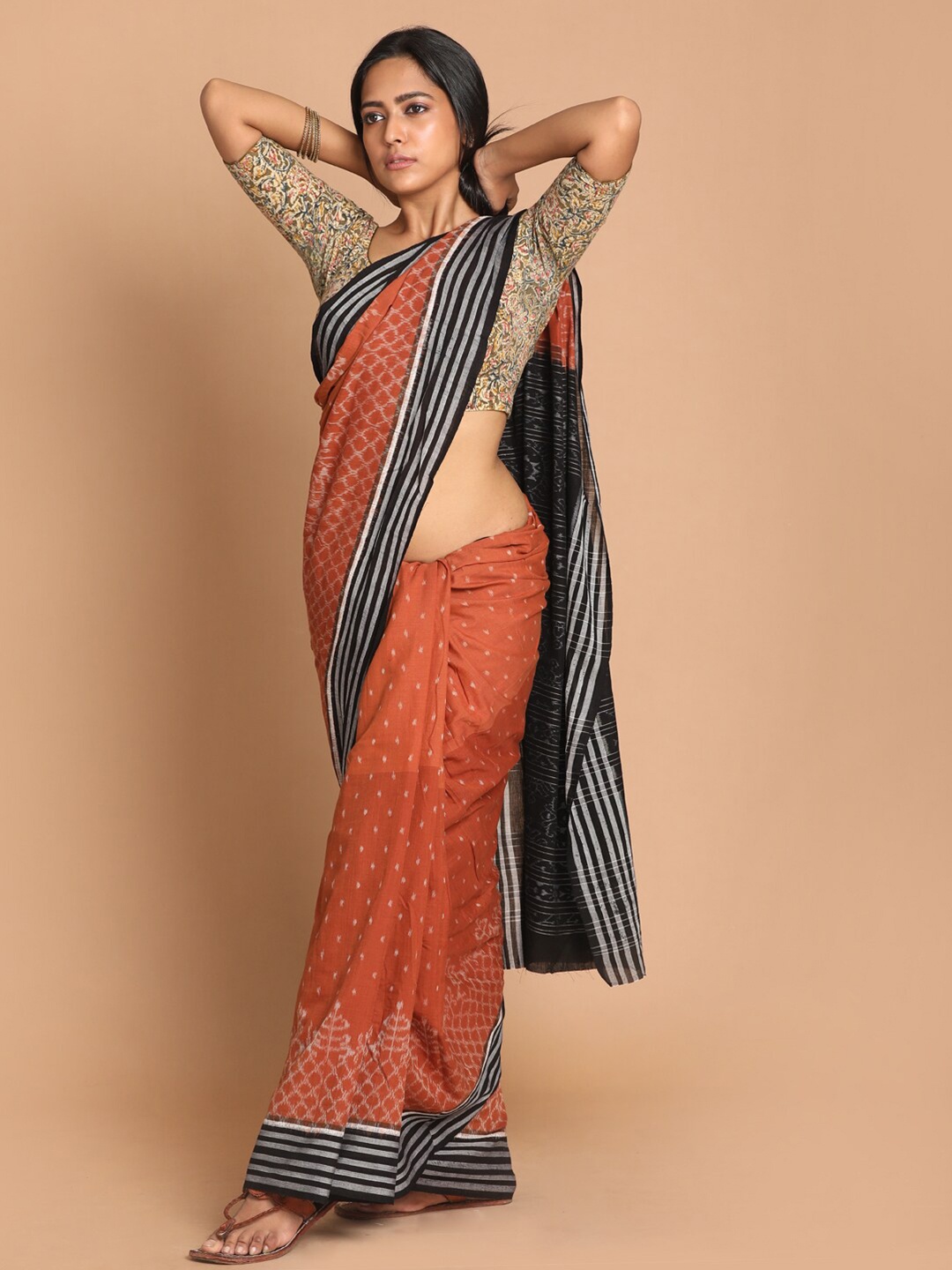 

Indethnic Brown & Black Pure Cotton Sambalpuri Saree