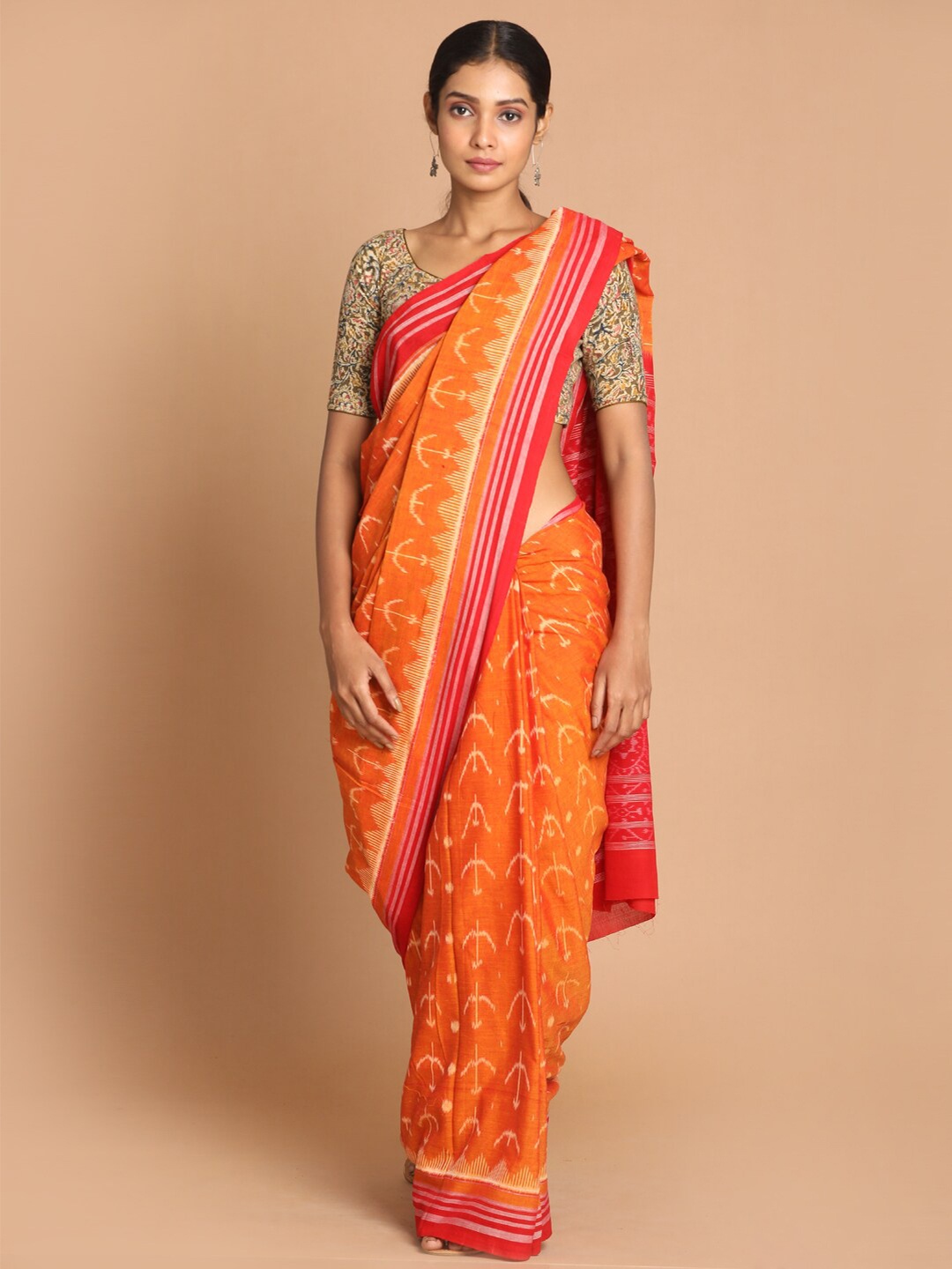 

Indethnic Mustard Yellow & Red Pure Cotton Sambalpuri Saree