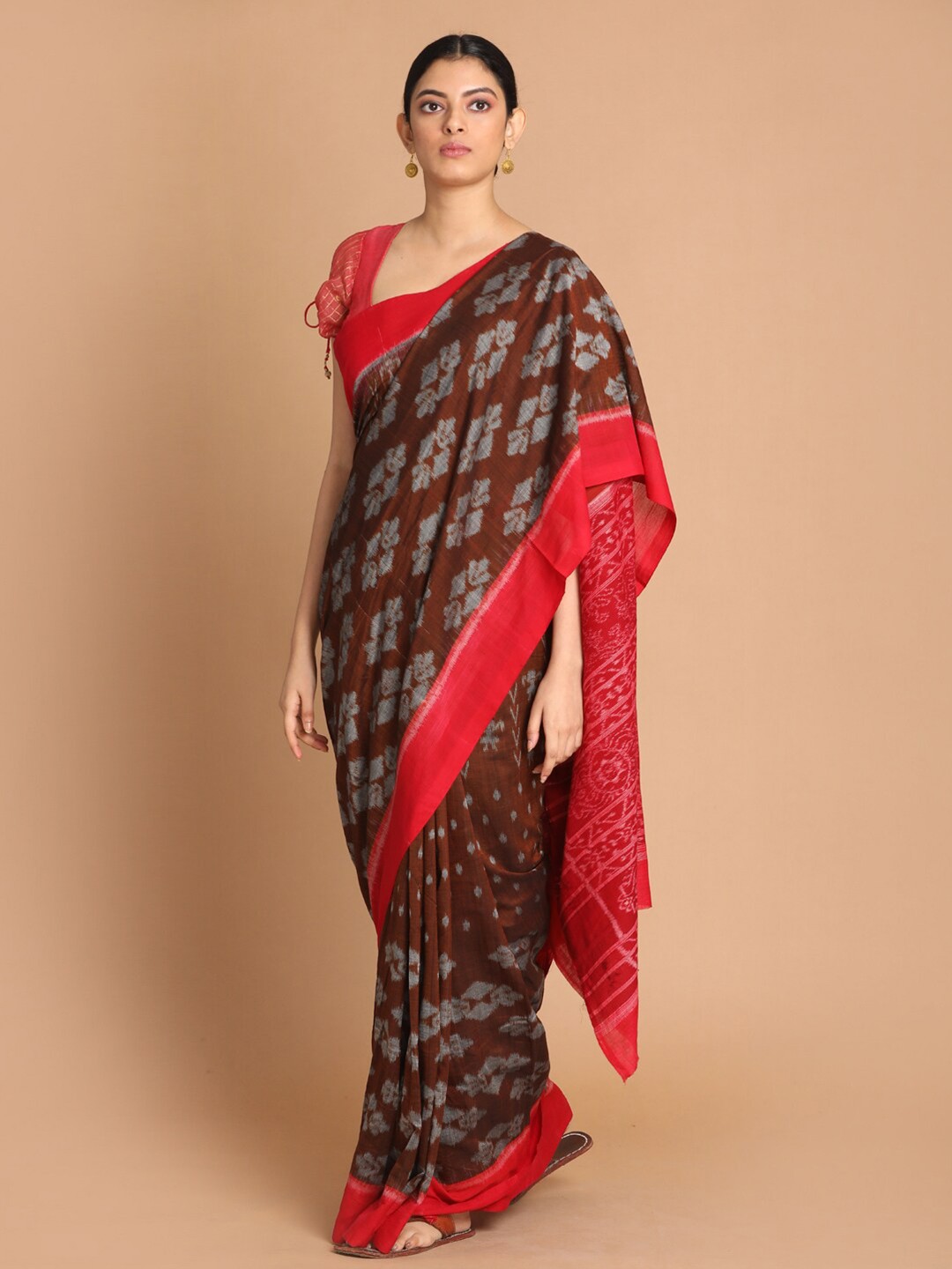 

Indethnic Coffee Brown & Red Ethnic Motifs Pure Cotton Sambalpuri Saree