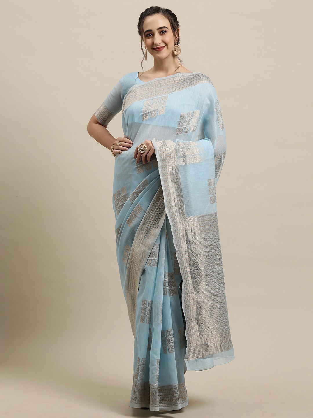 

Saree mall Blue & Silver-Toned Woven Design Zari Silk Blend Banarasi Sarees