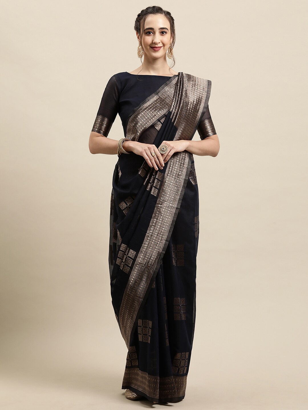 

Saree mall Black & Gold-Toned Zari Silk Blend Banarasi Sarees