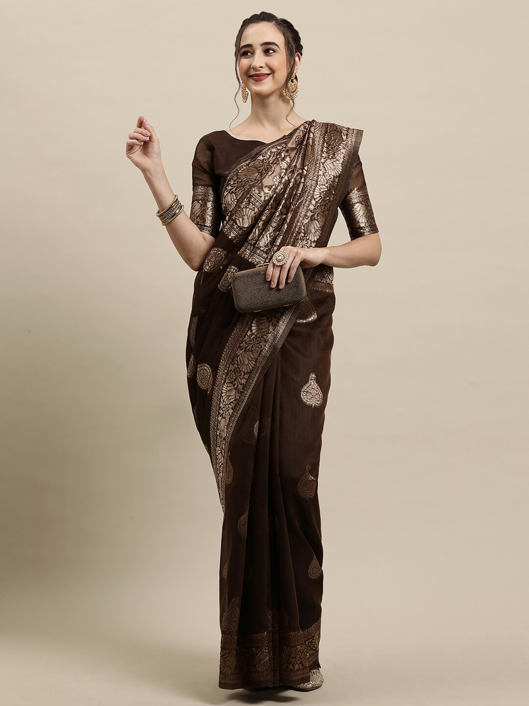 

Saree mall Brown & Gold-Toned Woven Design Silk Blend Banarasi Sarees