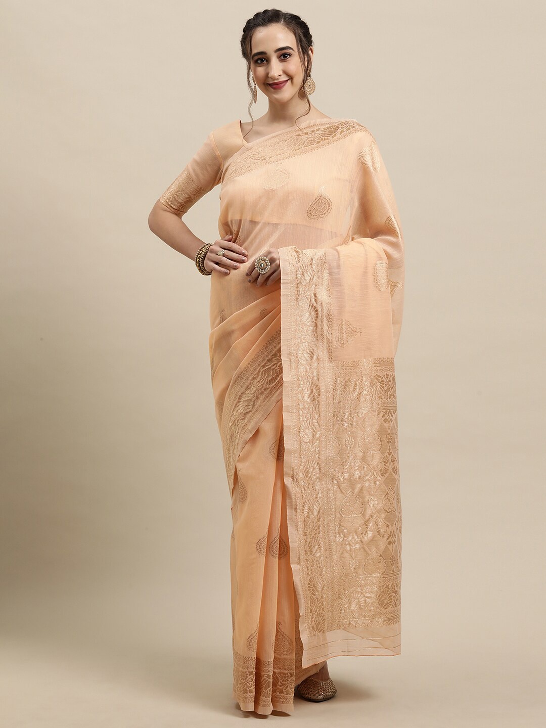 

Saree mall Orange & Gold-Toned Woven Design Zari Silk Blend Banarasi Sarees