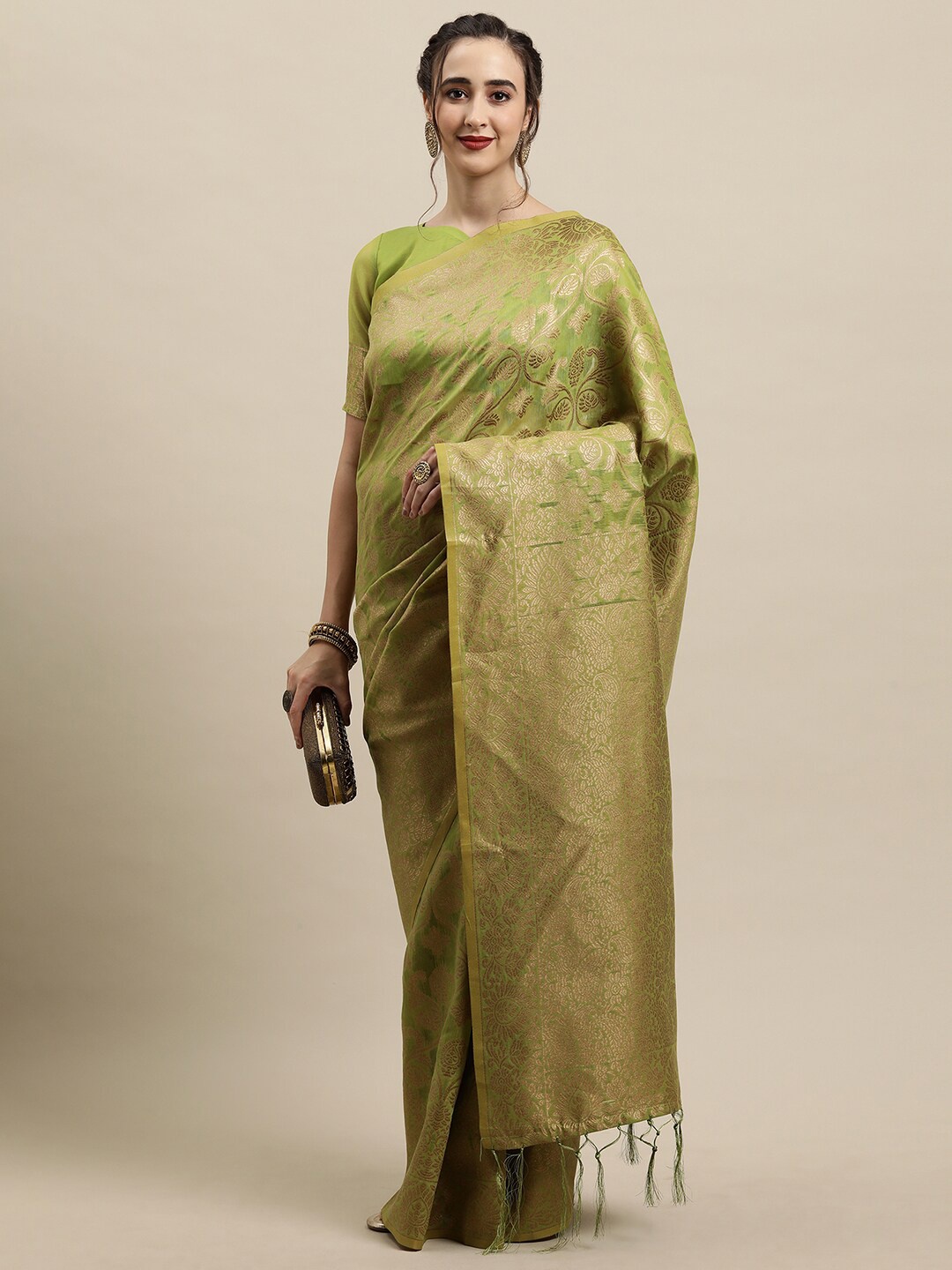 

Saree mall Olive Green & Gold-Coloured Floral Zari Silk Blend Banarasi Sarees