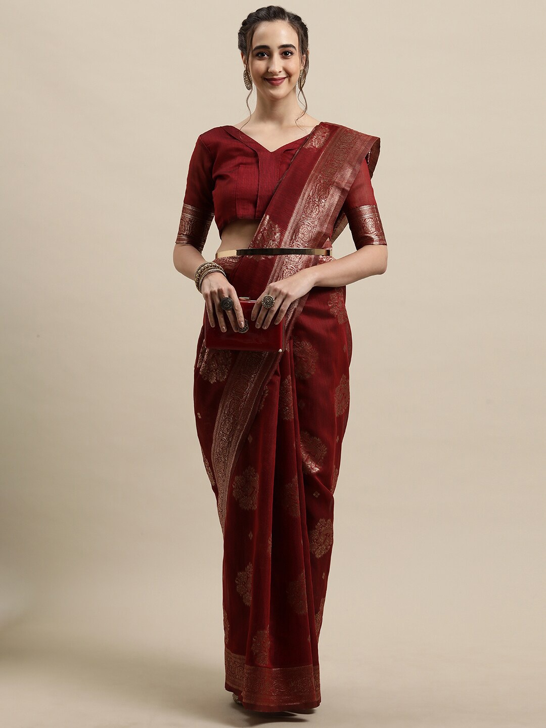 

Saree mall Maroon & Gold-Toned Ethnic Motifs Zari Silk Blend Banarasi Sarees