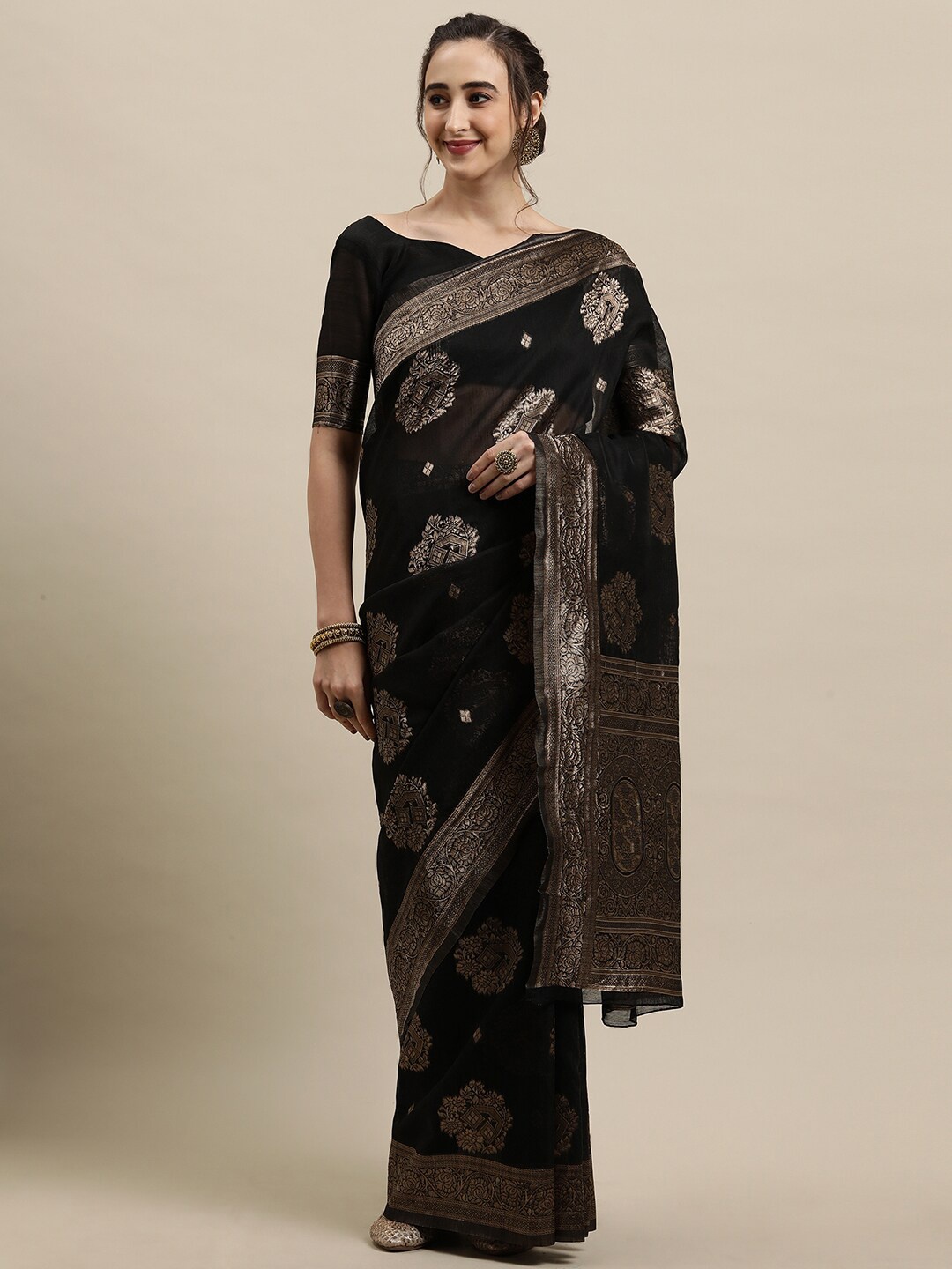 

Saree mall Black & Gold-Toned Woven Design Zari Silk Blend Banarasi Sarees