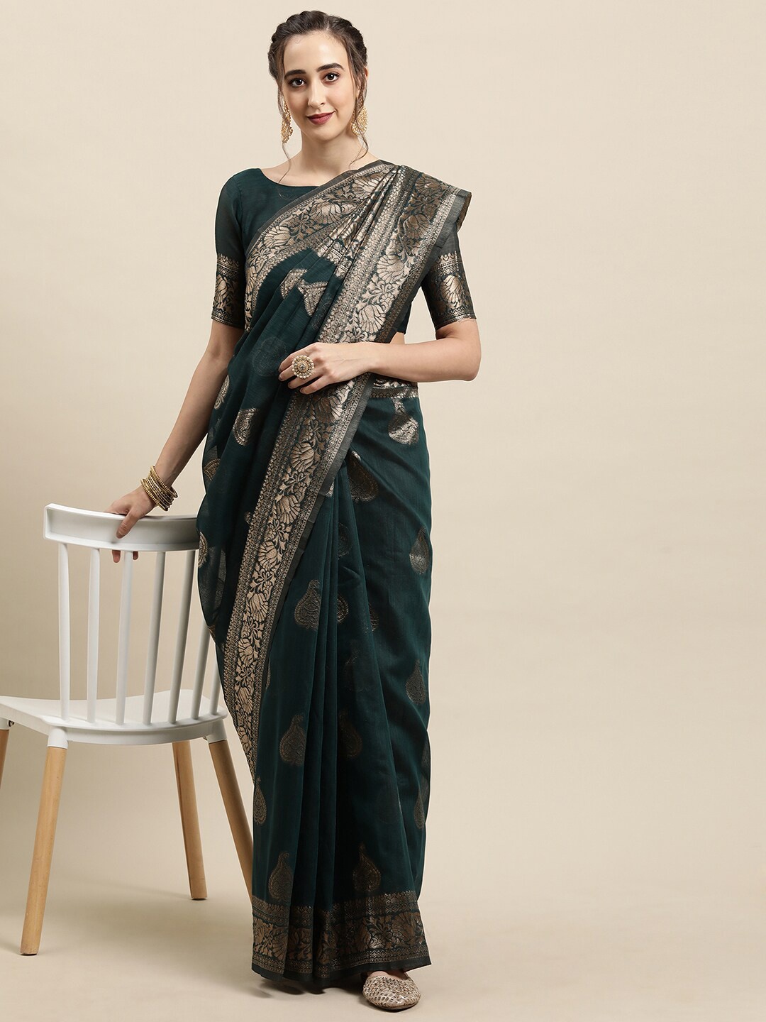 

Saree mall Teal & Silver-Toned Woven Design Zari Silk Blend Banarasi Sarees