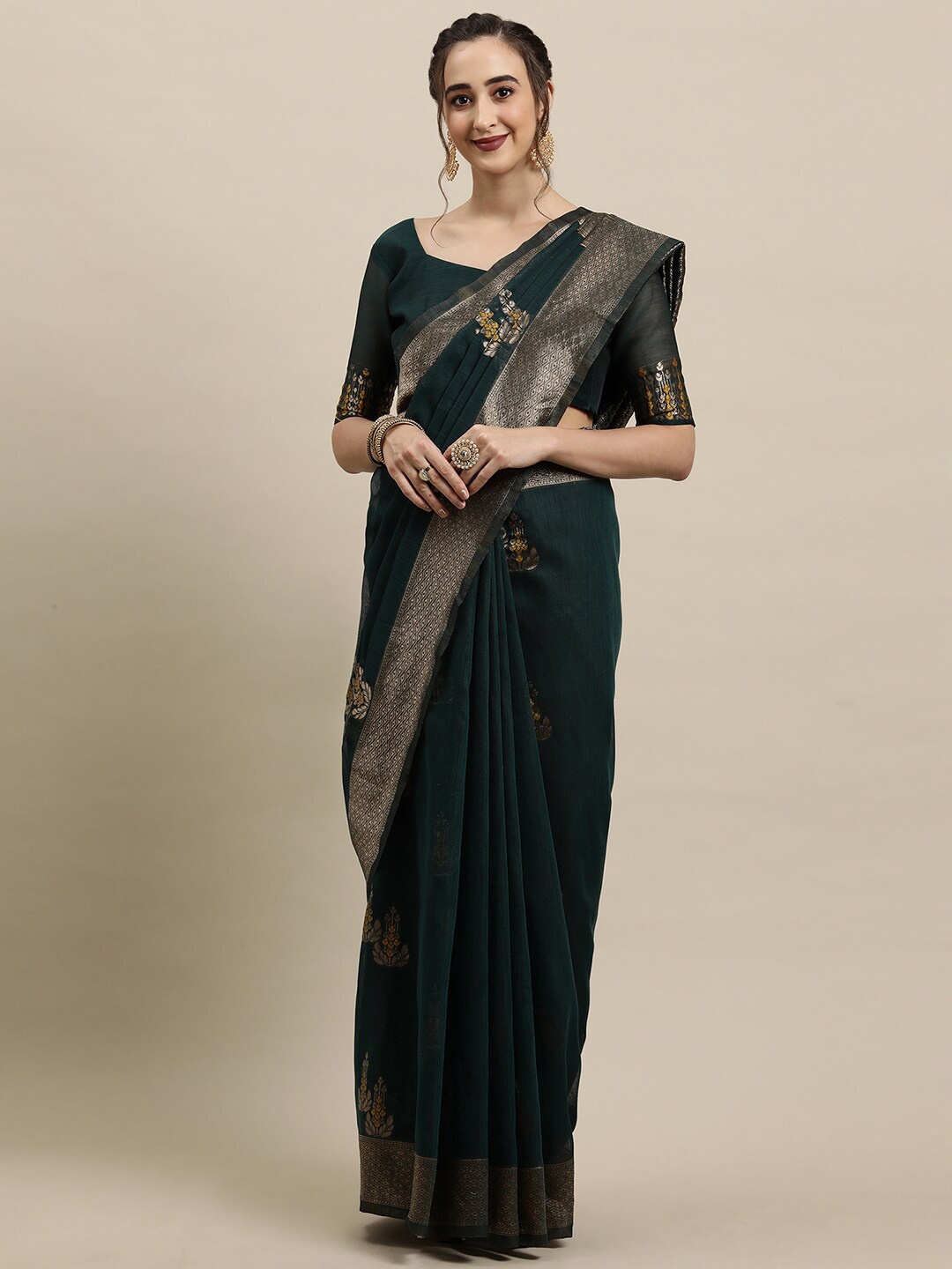 

Saree mall Teal & Gold-Coloured Ethnic Motifs Zari Silk Blend Banarasi Sarees