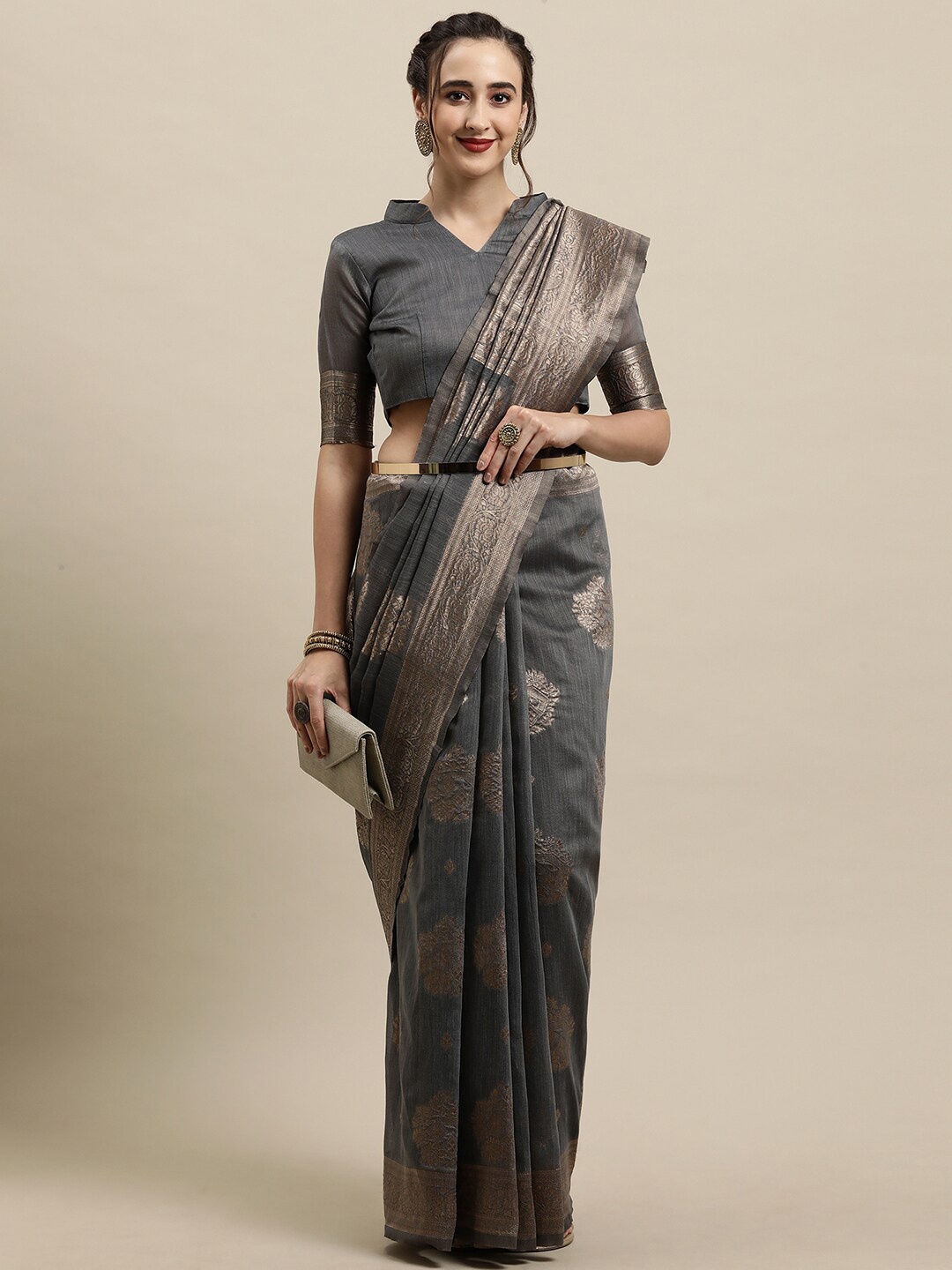 

Saree mall Grey & Gold-Toned Ethnic Motifs Zari Silk Blend Banarasi Sarees