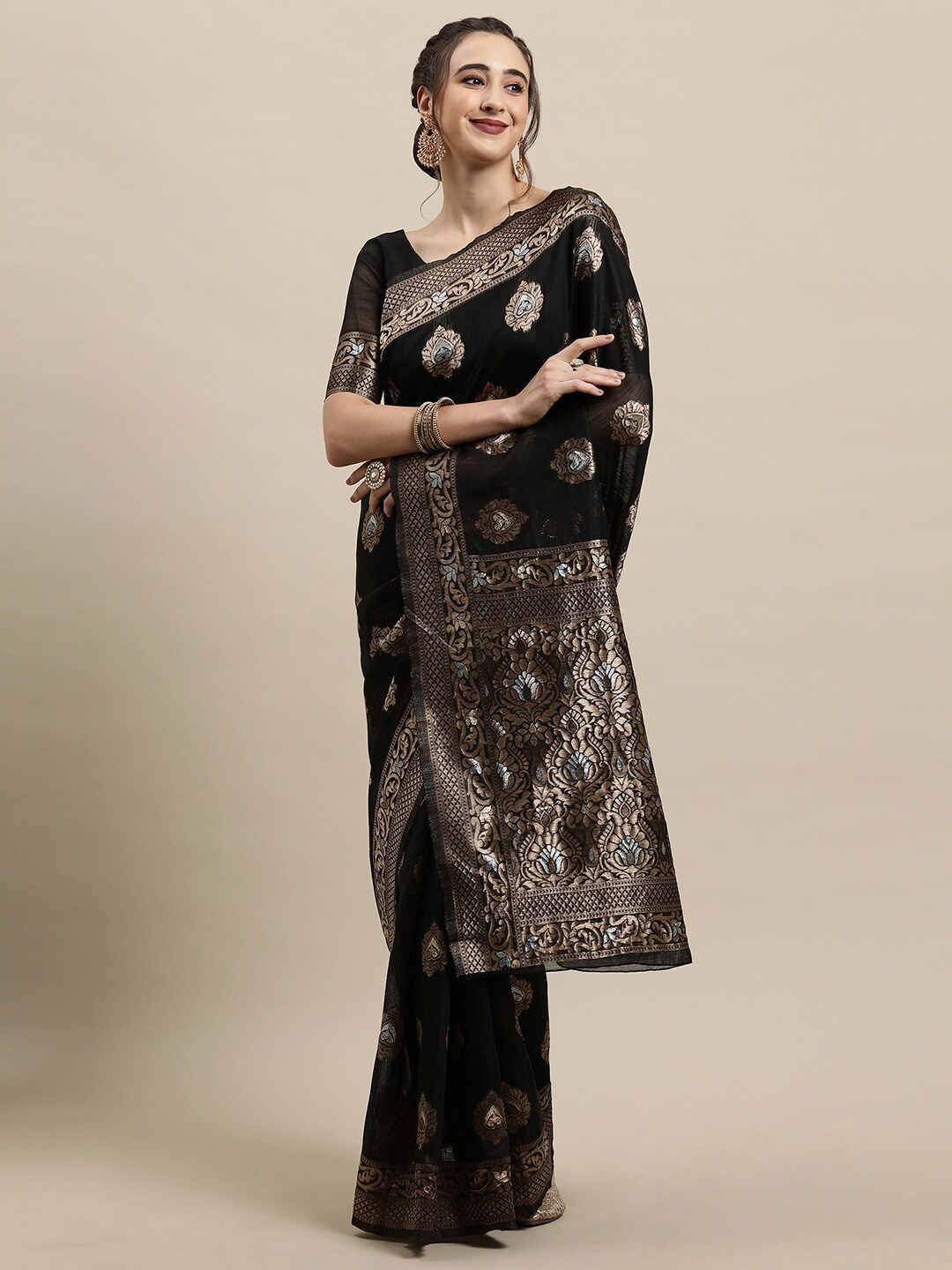 

Saree mall Black & Gold-Toned Woven Design Zari Silk Blend Banarasi Sarees