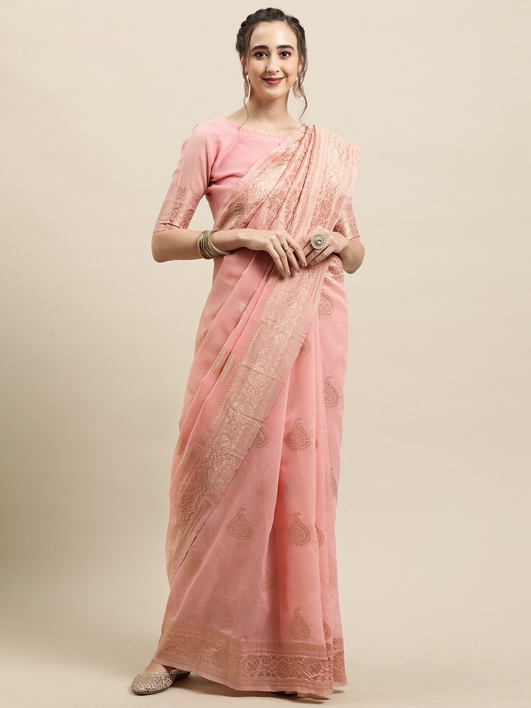 

Saree mall Pink & Gold-Coloured Ethnic Motifs Zari Silk Blend Banarasi Sarees