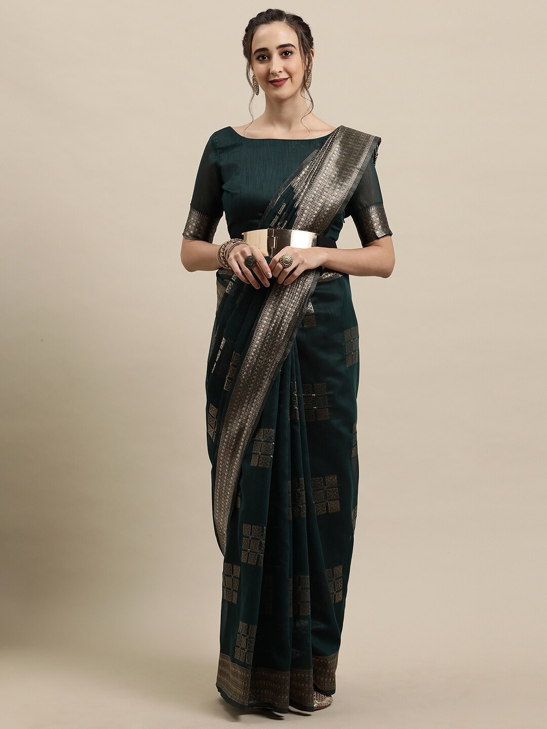 

Saree mall Teal & Gold-Toned Ethnic Motifs Zari Silk Blend Banarasi Sarees