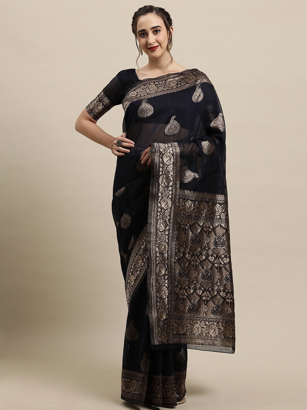 

Saree mall Navy Blue & Gold-Toned Woven Design Zari Silk Blend Banarasi Sarees