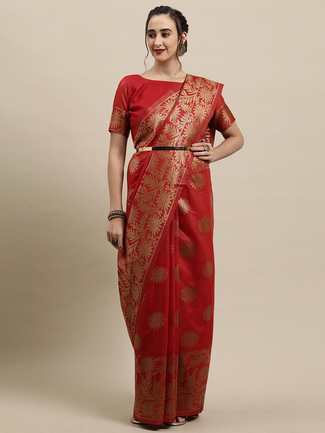 

Saree mall Red & Gold-Toned Floral Zari Silk Blend Banarasi Sarees