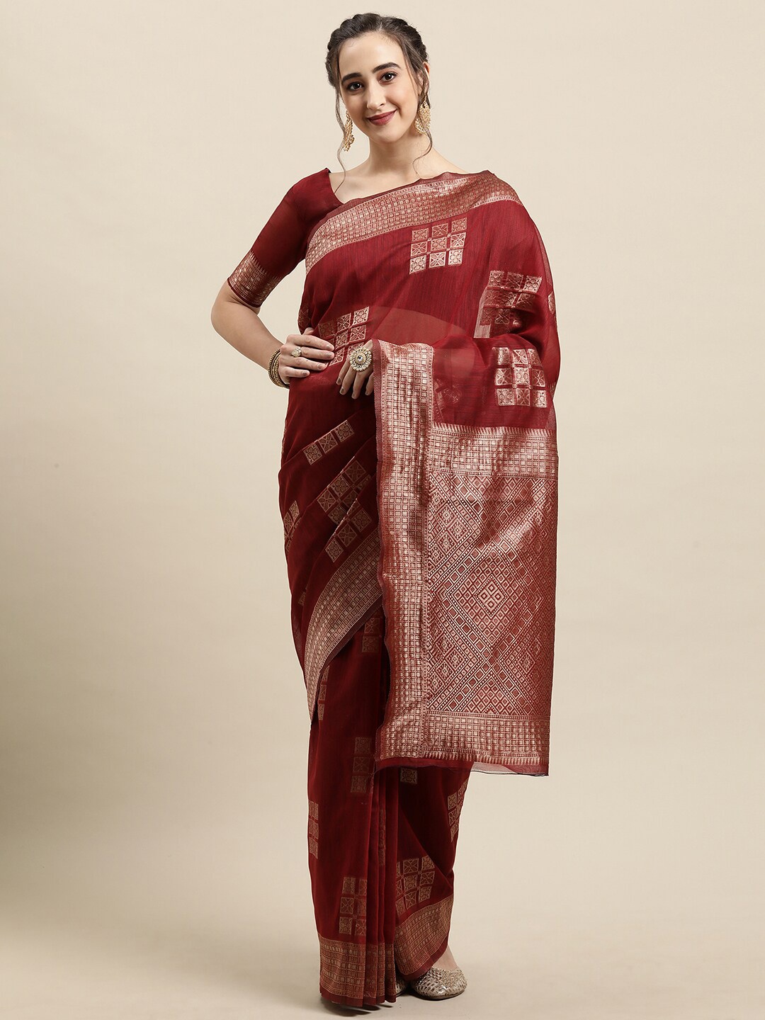 

Saree mall Maroon & Gold-Toned Woven Design Silk Blend Banarasi Sarees