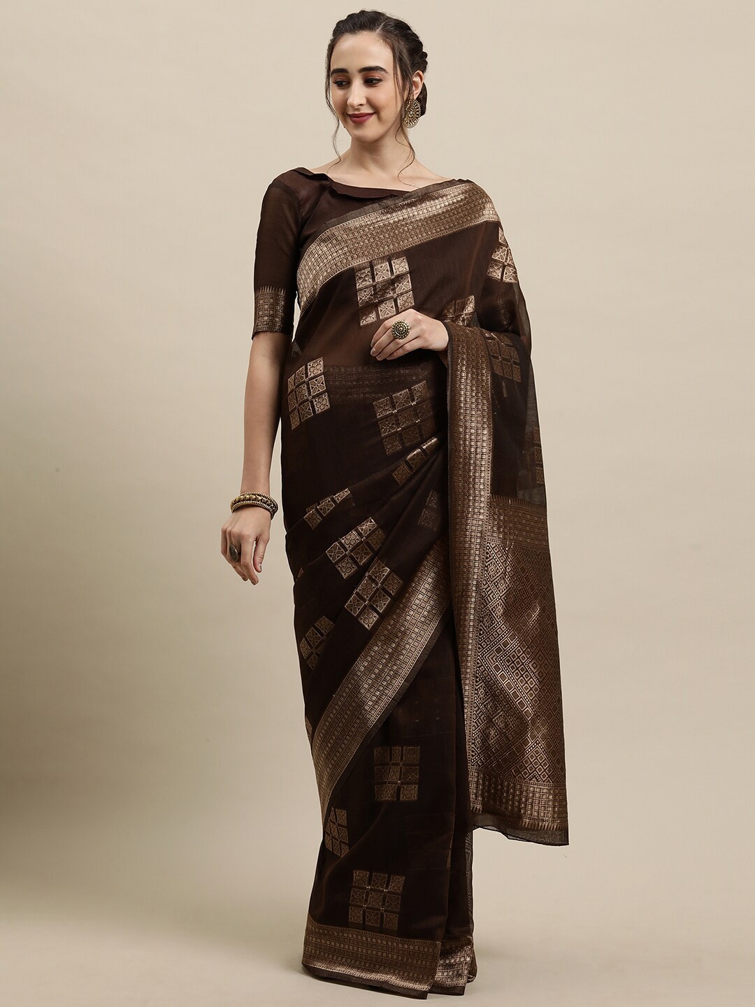 

Saree mall Brown & Gold-Toned Woven Design Zari Silk Blend Banarasi Sarees