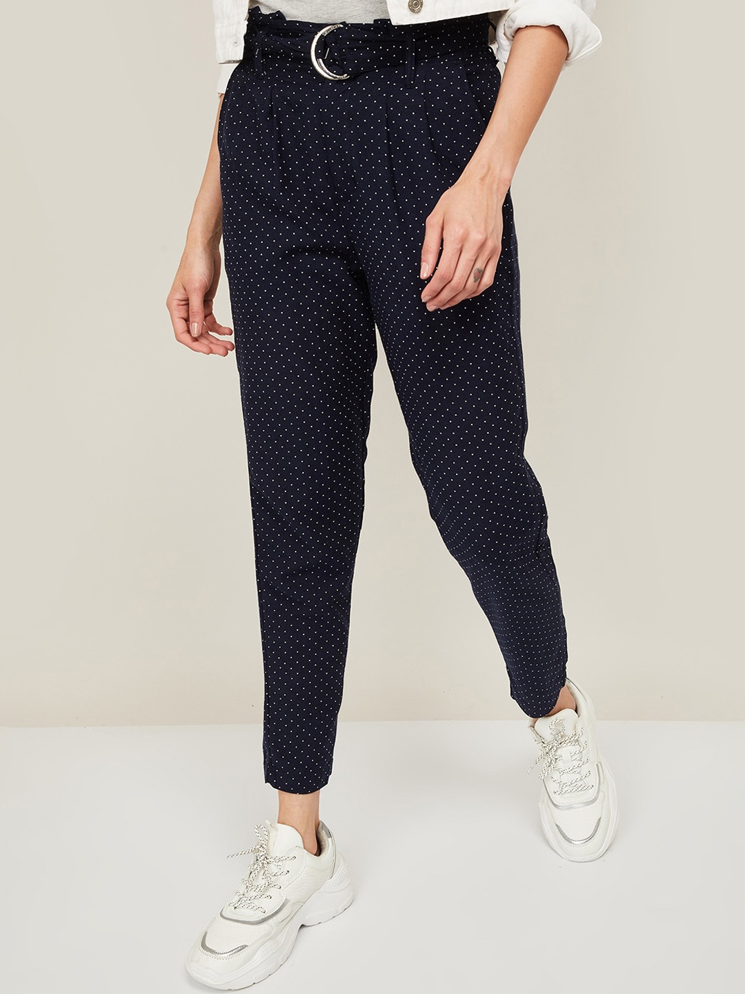 

Bossini Women Navy Blue & White Printed Belted Track Pants