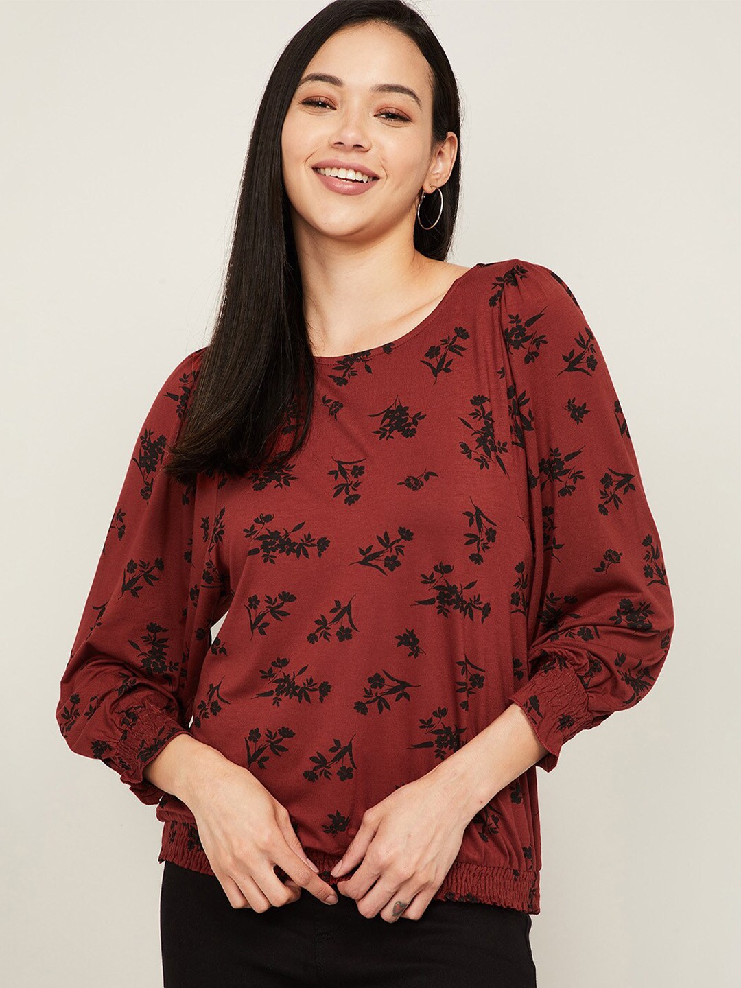 

CODE by Lifestyle Rust & Black Floral Printed Blouson Top