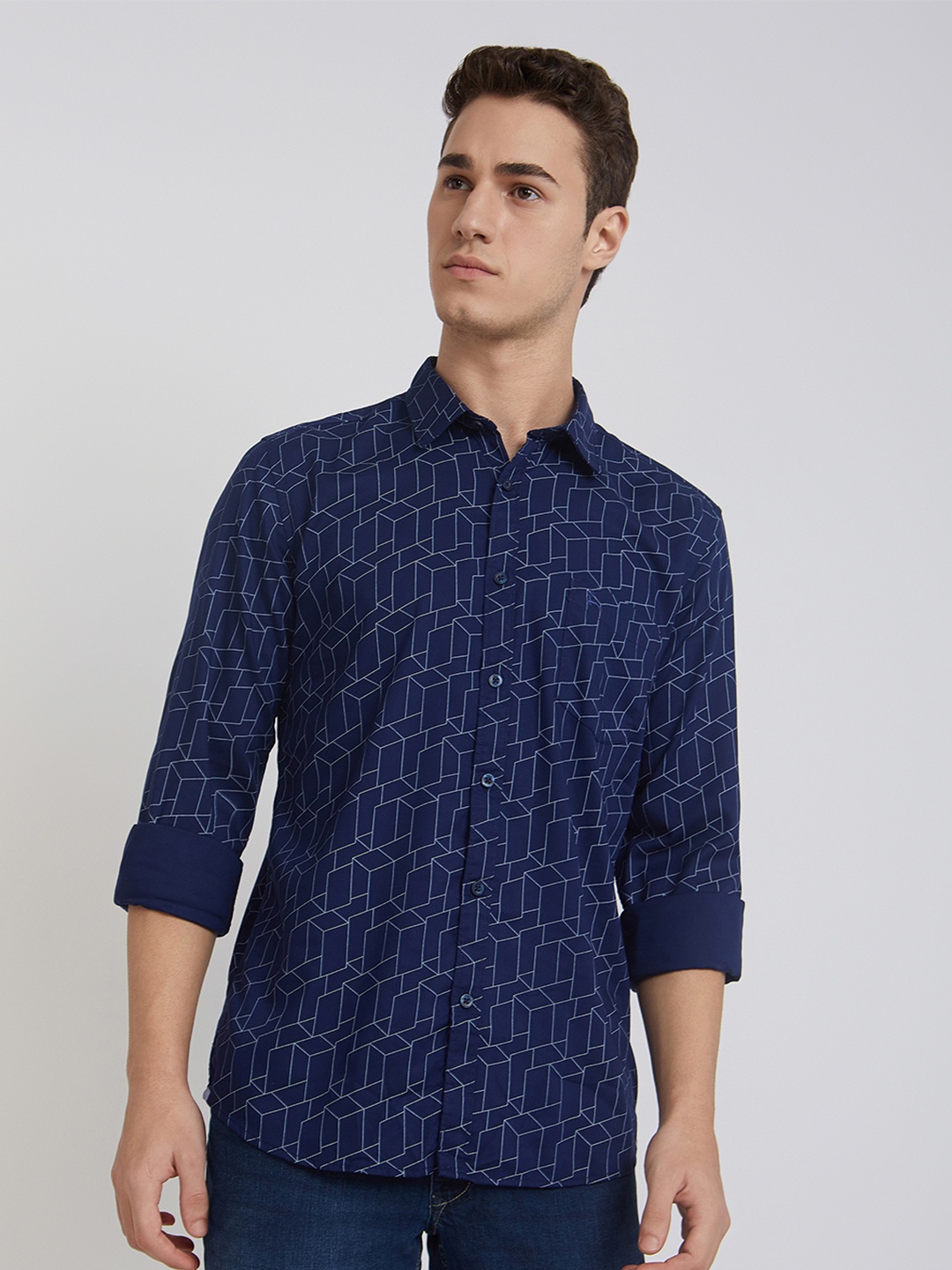 

Parx Men Blue Slim Fit Opaque Printed Casual Shirt