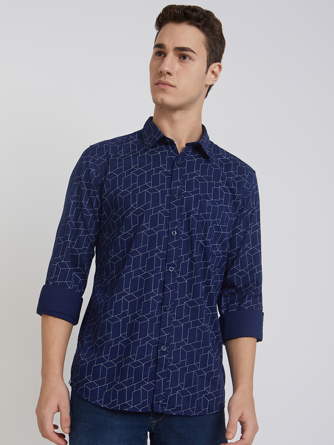 

Parx Men Blue Slim Fit Opaque Printed Casual Shirt