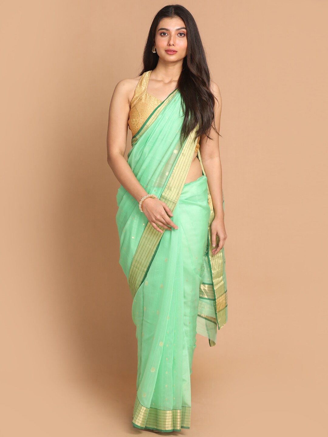 

Indethnic Green & Gold-Toned Ethnic Motifs Zari Silk Cotton Chanderi Saree
