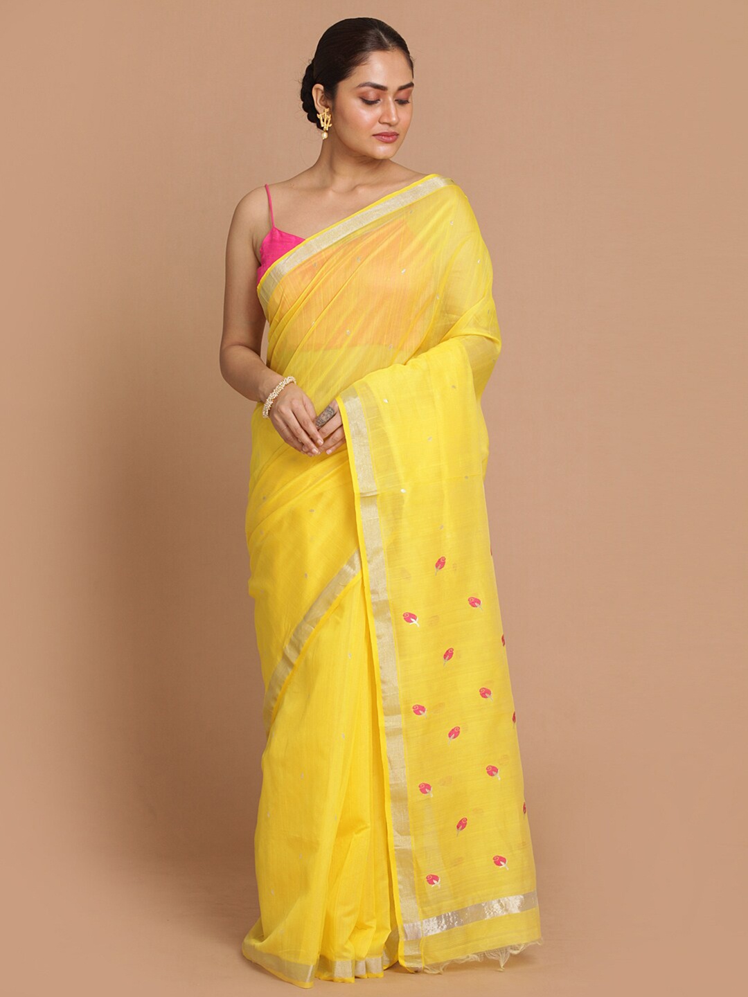 

Indethnic Yellow & Fuchsia Woven Design Zari Silk Cotton Chanderi Saree