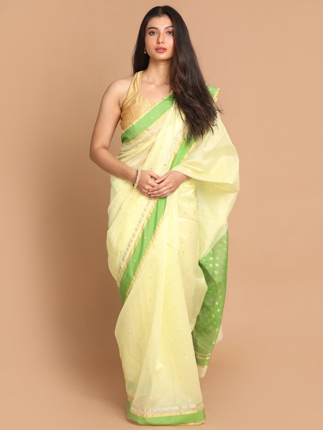 

Indethnic Yellow & Green Ethnic Motifs Zari Silk Cotton Chanderi Saree