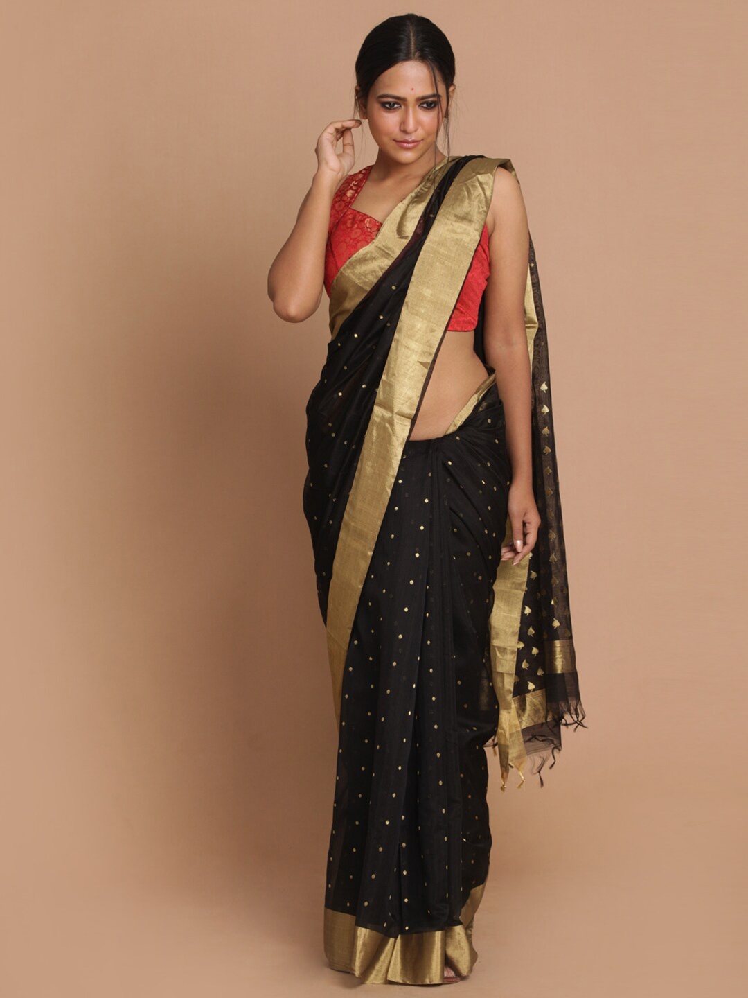 

Indethnic Black & Gold-Toned Zari Silk Cotton Chanderi Saree
