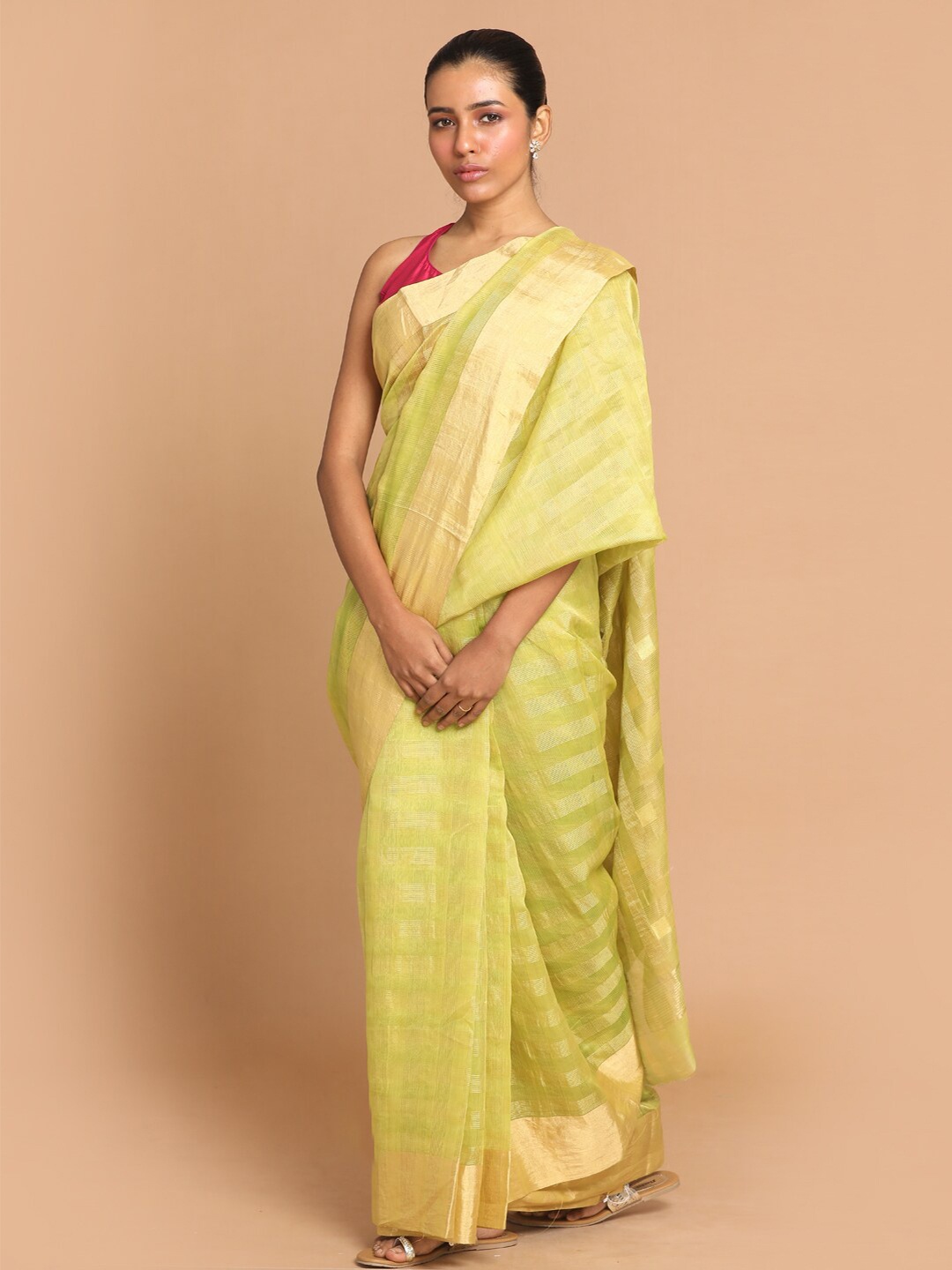 

Indethnic Green & Gold-Toned Striped Zari Silk Cotton Chanderi Saree